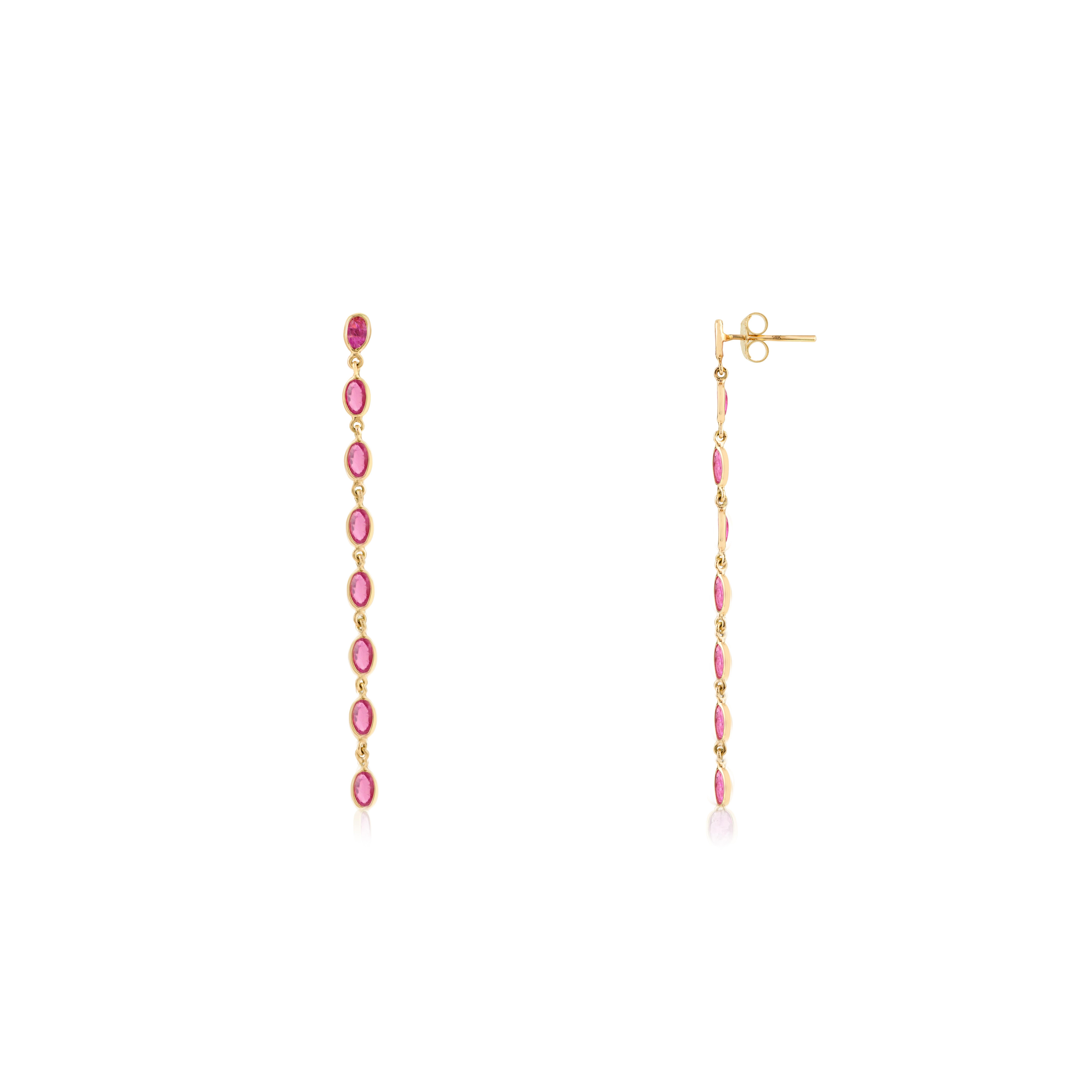 3.33 CTW Boucles d'oreilles goutte à goutte en or jaune 14K avec chaton en forme de rubis ovale en vente 1