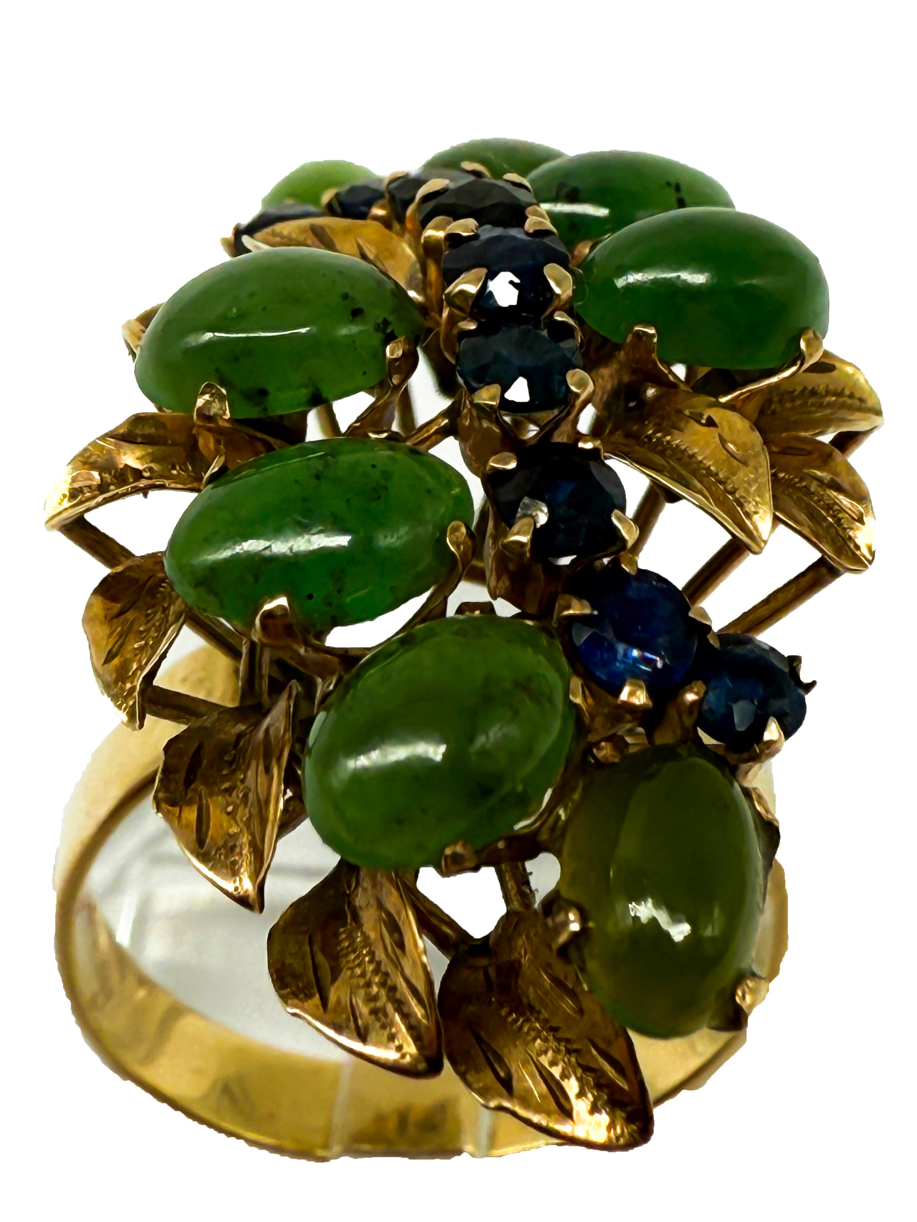 333 Gelbgoldring mit Jade und Saphir (Moderne) im Angebot