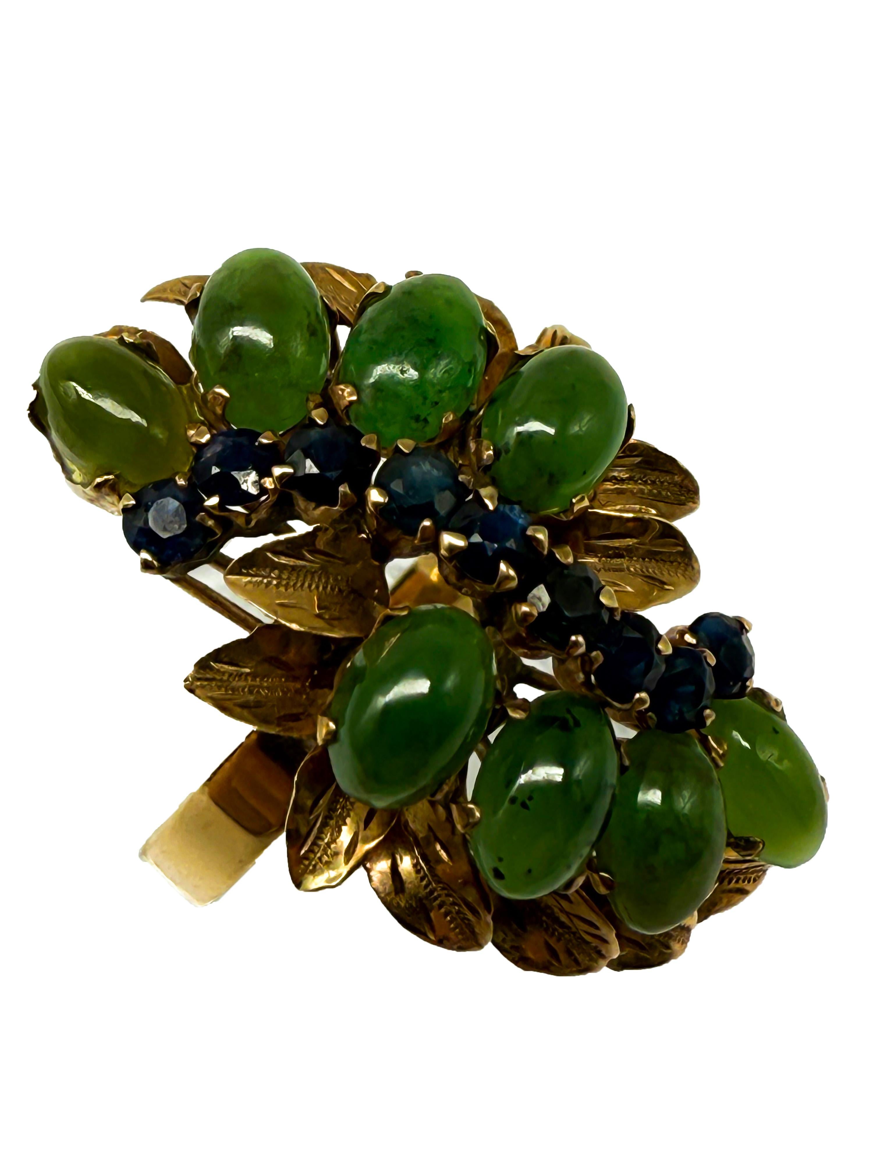 333 Gelbgoldring mit Jade und Saphir (Brillantschliff) im Angebot