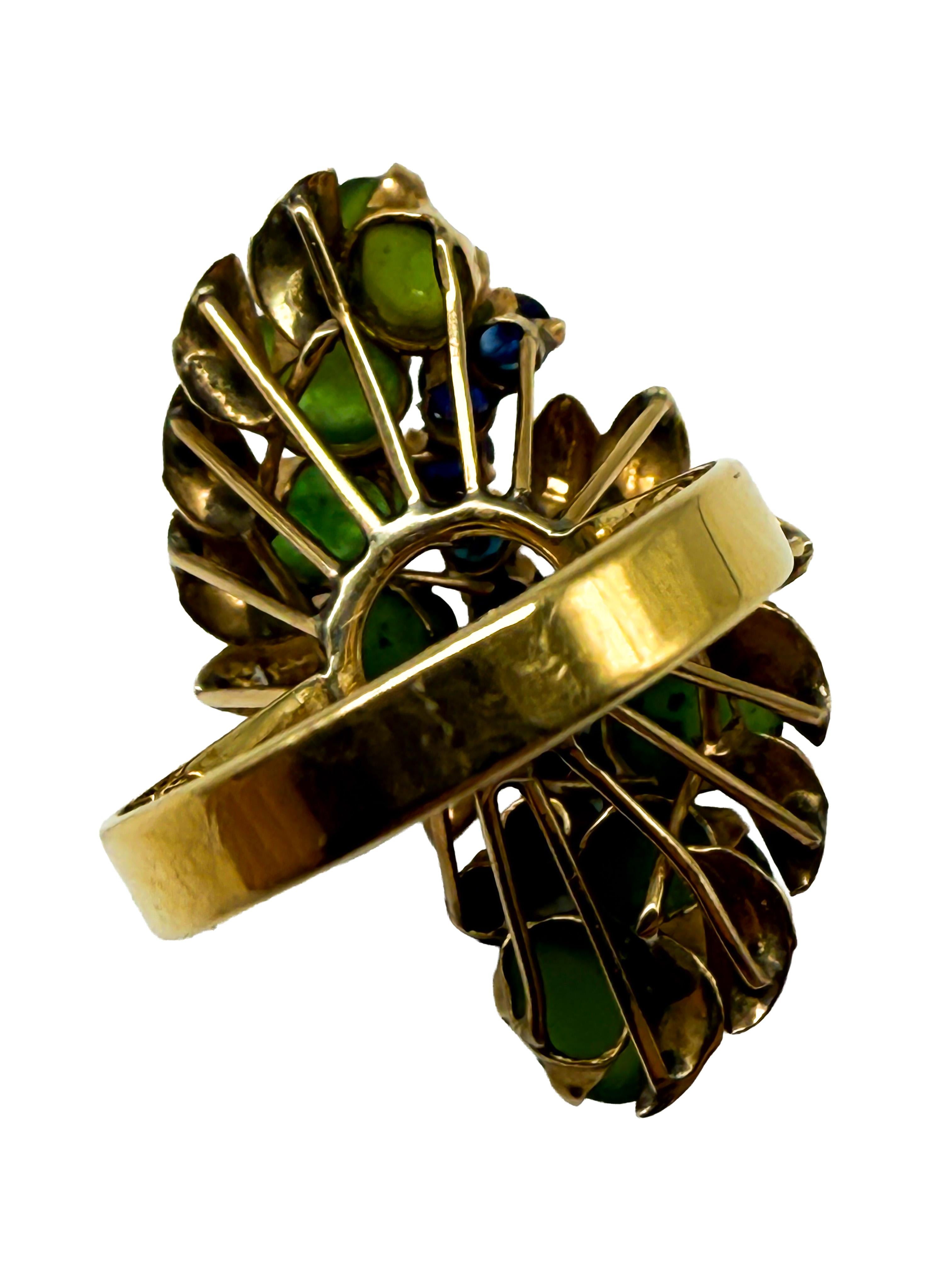 333 Gelbgoldring mit Jade und Saphir im Zustand „Gut“ im Angebot in Berlin, DE