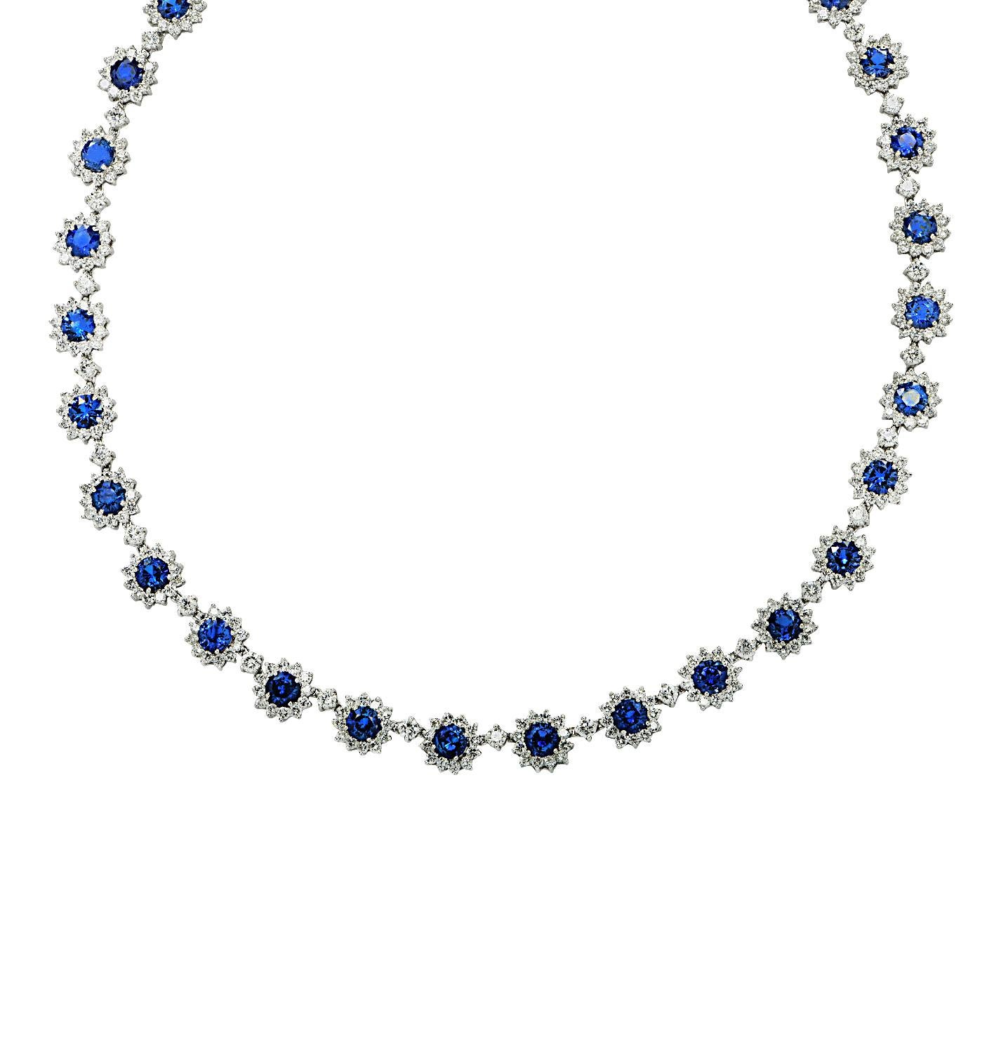 Round Cut 33.34 Carat Sapphire and White Diamond Necklace  For Sale