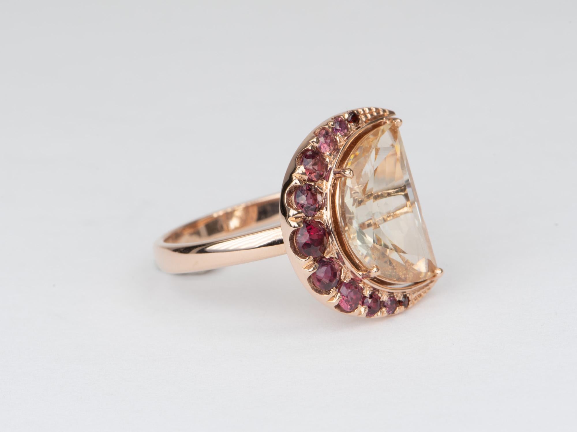 Rose Cut 3.33ct Half Moon Oregon Sunstone with Garnet Halo 14K Rose Gold Ring R6556 For Sale