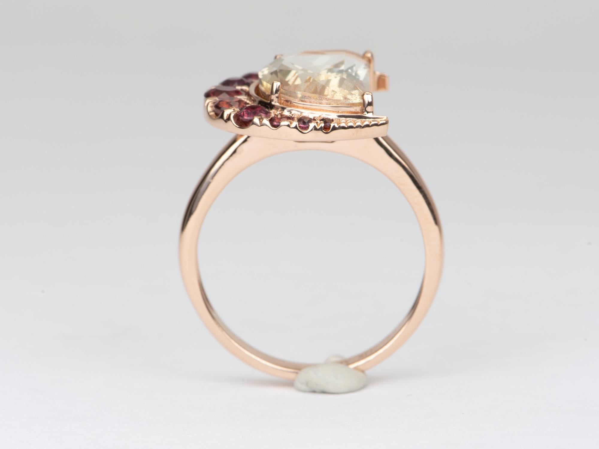 Rose Cut 3.33ct Half Moon Oregon Sunstone with Garnet Halo 14K Rose Gold Ring R6556 For Sale