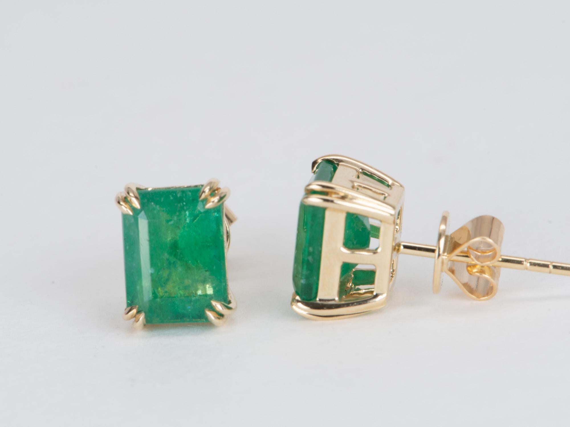 Emerald Cut 3.33ct Rich Green Emerald Stud Earrings 14K Gold R3142 For Sale