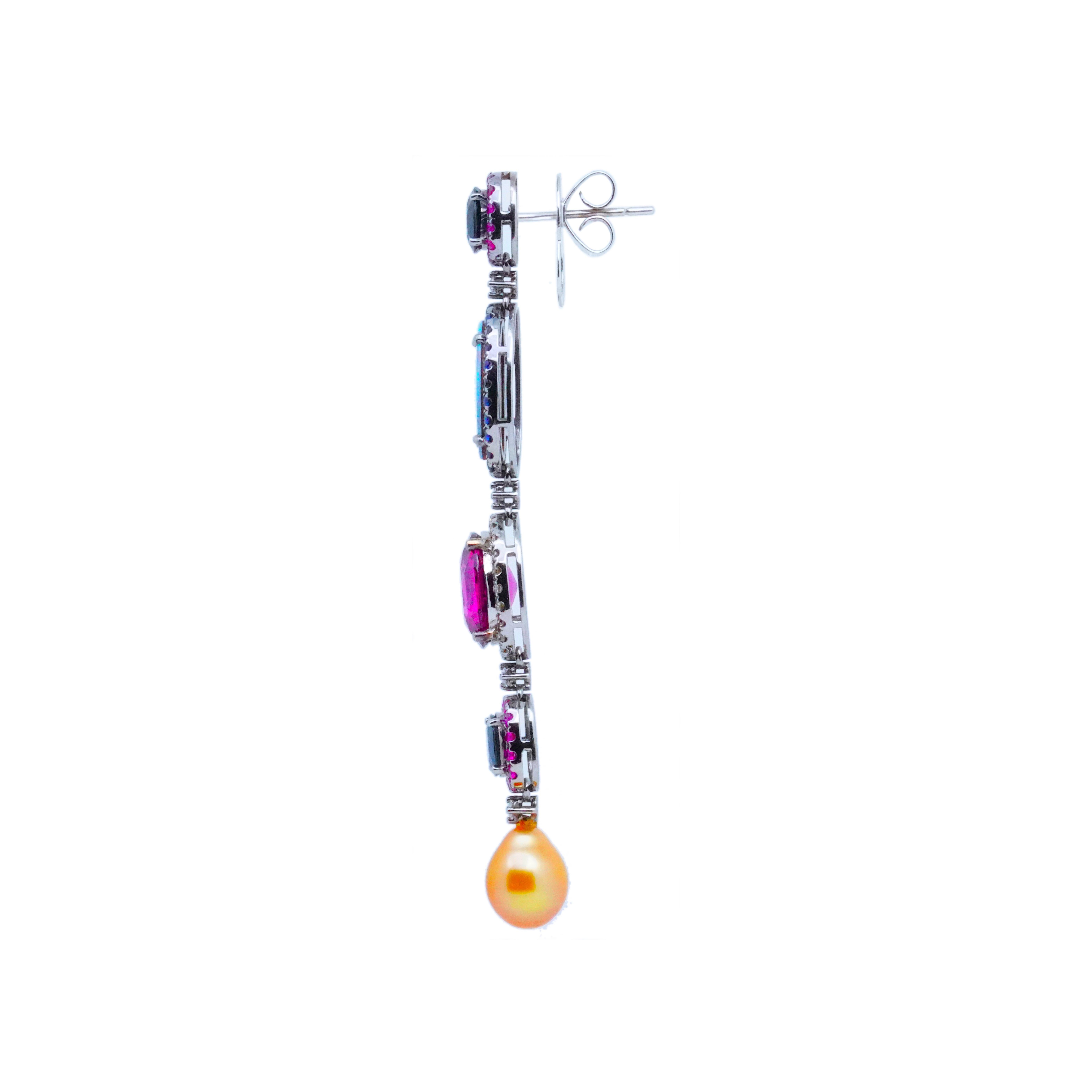 Artist 3.33ct Sapphire, Tourmaline, Opal, Pearl & Diamond Earrings, 18K Gold, Austy Lee For Sale