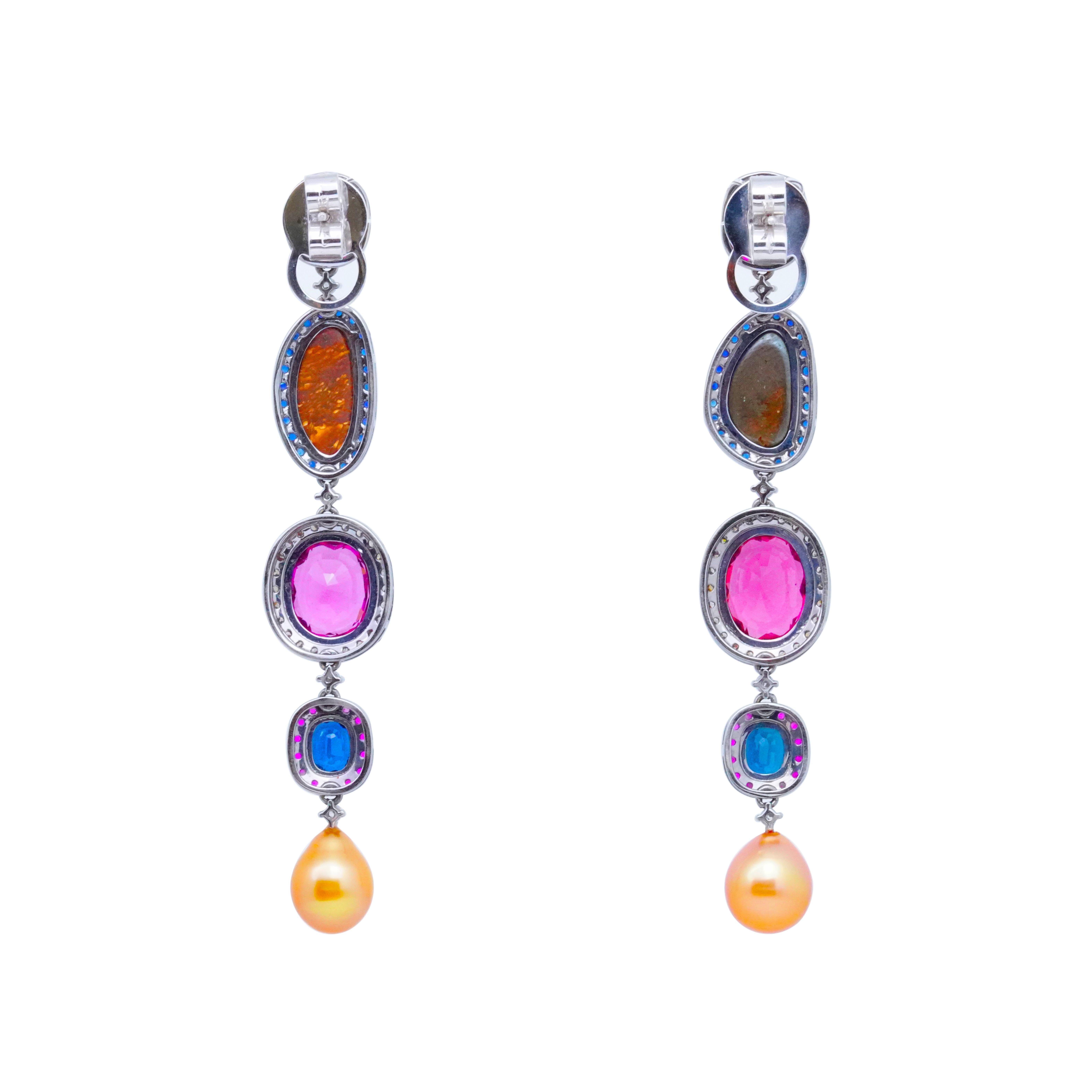 Mixed Cut 3.33ct Sapphire, Tourmaline, Opal, Pearl & Diamond Earrings, 18K Gold, Austy Lee For Sale
