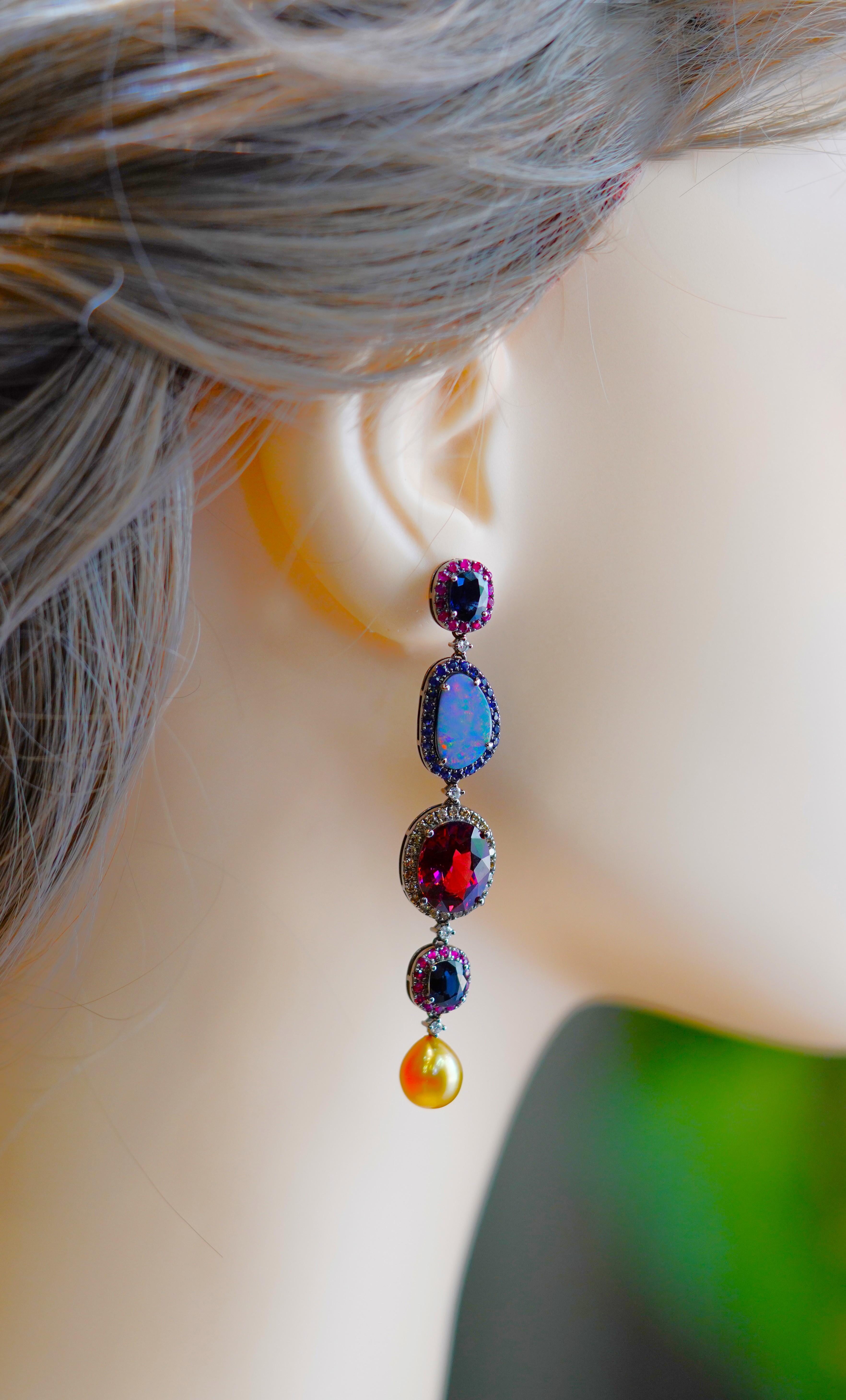 3.33ct Sapphire, Tourmaline, Opal, Pearl & Diamond Earrings, 18K Gold, Austy Lee In New Condition For Sale In Hong Kong, HK