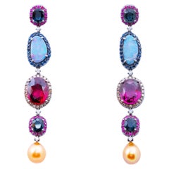 Ohrringe mit 3,33 Karat Saphir, Turmalin, Opal, Perle und Diamant, 18 Karat Gold, Austy Lee