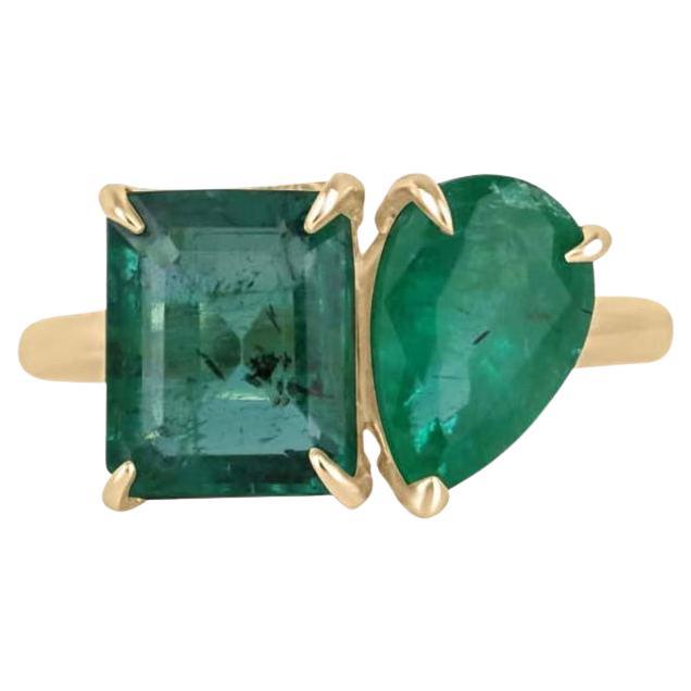 3.33tcw 14K Emerald Cut & Pear Emerald Two-Stone Ring - Lush Green Toi et Moi