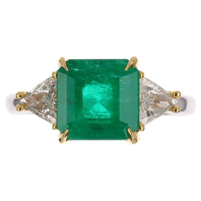 3.33tcw GIA 18K Three Stone Colombian Emerald & Trillion Diamond Ring
