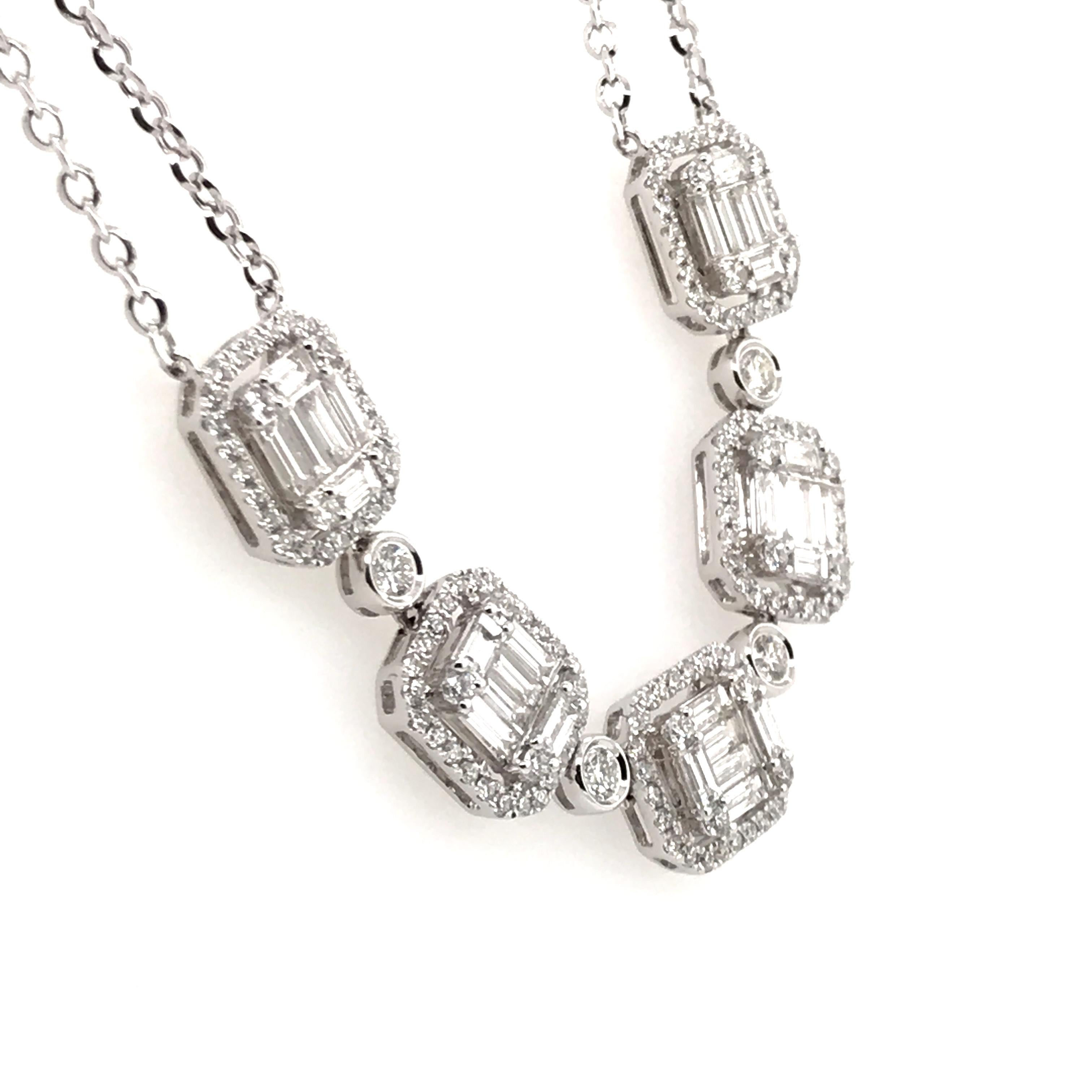 Modern 3.34 Carat 5-Section Baguette Pendant with Halos and Bezel Set Rounds For Sale