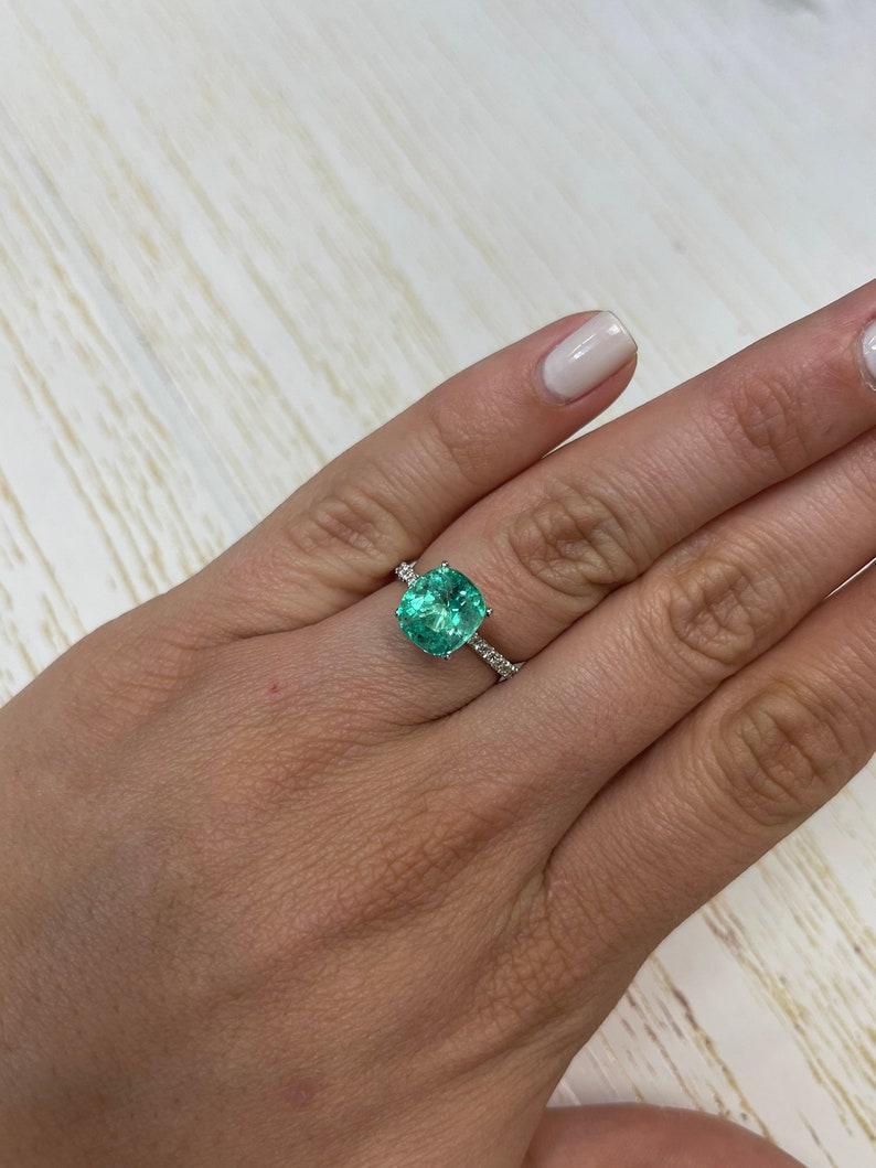 3.34 Carat 9.5x9 Bluish Green Natural Colombian Emerald - Cushion Cut Chivor May For Sale 3