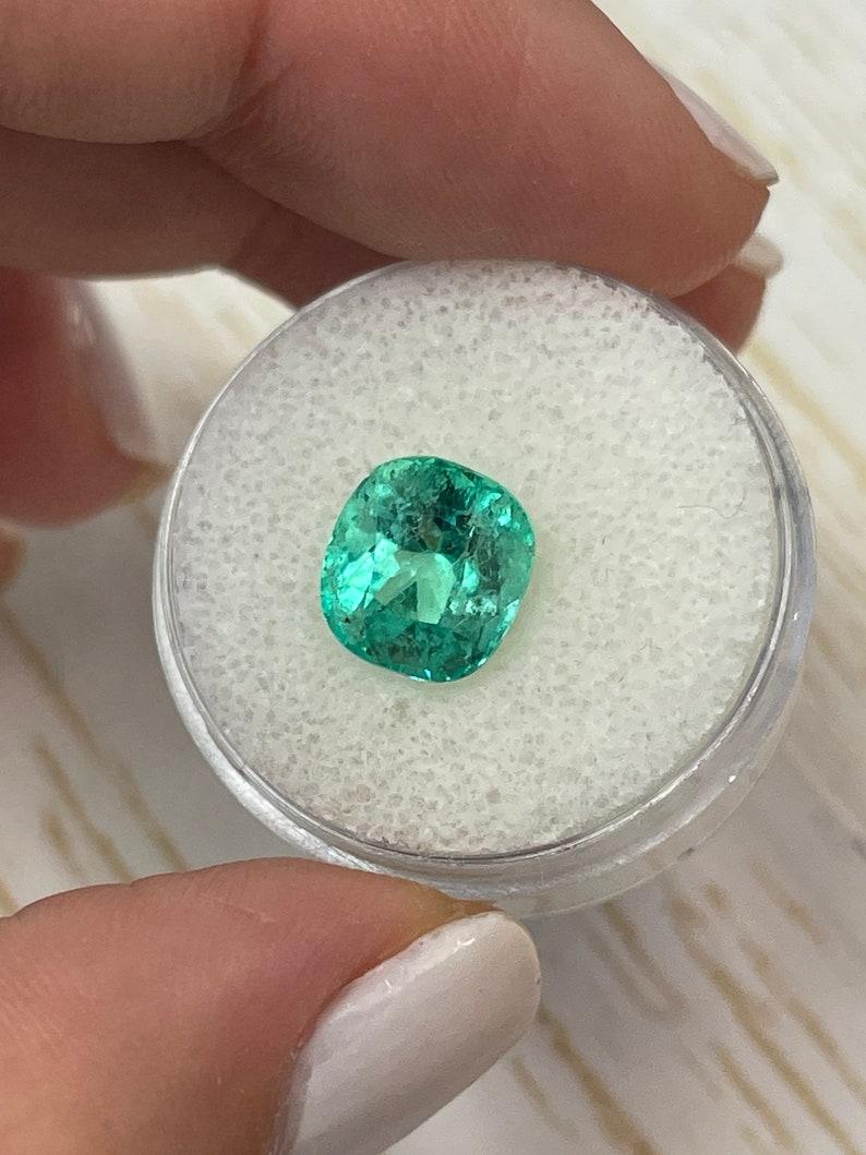 3.34 Carat 9.5x9 Bluish Green Natural Colombian Emerald - Cushion Cut Chivor May In New Condition For Sale In Jupiter, FL
