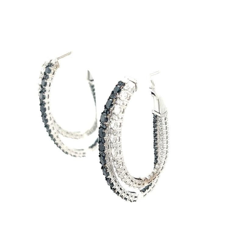 Contemporary 3.34 Carat Black Diamond White Diamond 14 Karat White Gold Double Hoop Earrings For Sale
