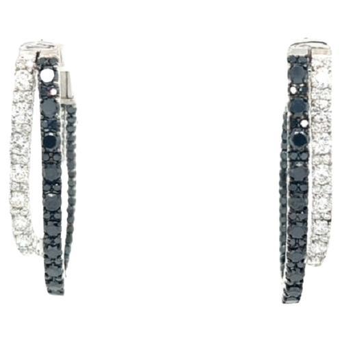 3.34 Carat Black Diamond White Diamond 14 Karat White Gold Double Hoop Earrings