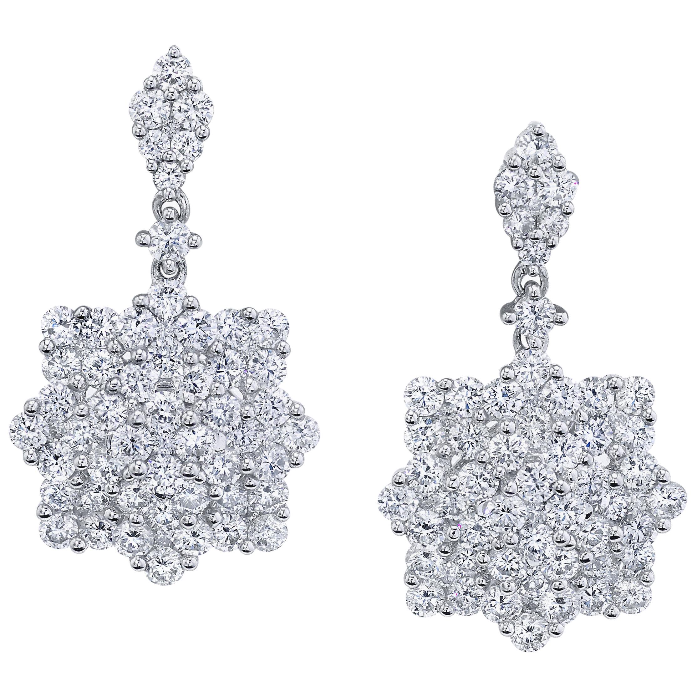 Diamond Snowflake Drop Earrings in White Gold, 3.34 Carats Total For Sale