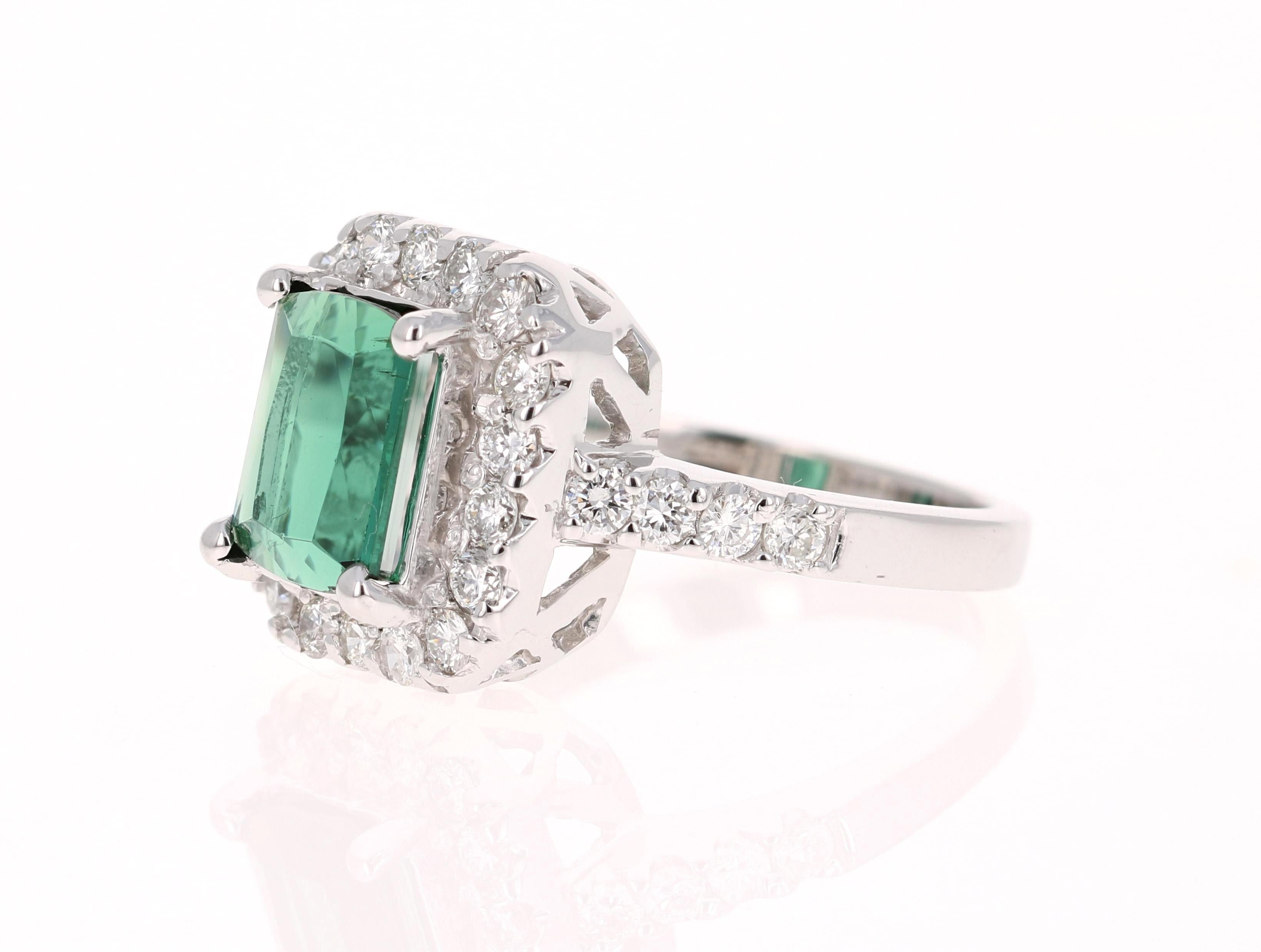 Contemporary 3.34 Carat Green Tourmaline Diamond White Gold Engagement Ring For Sale