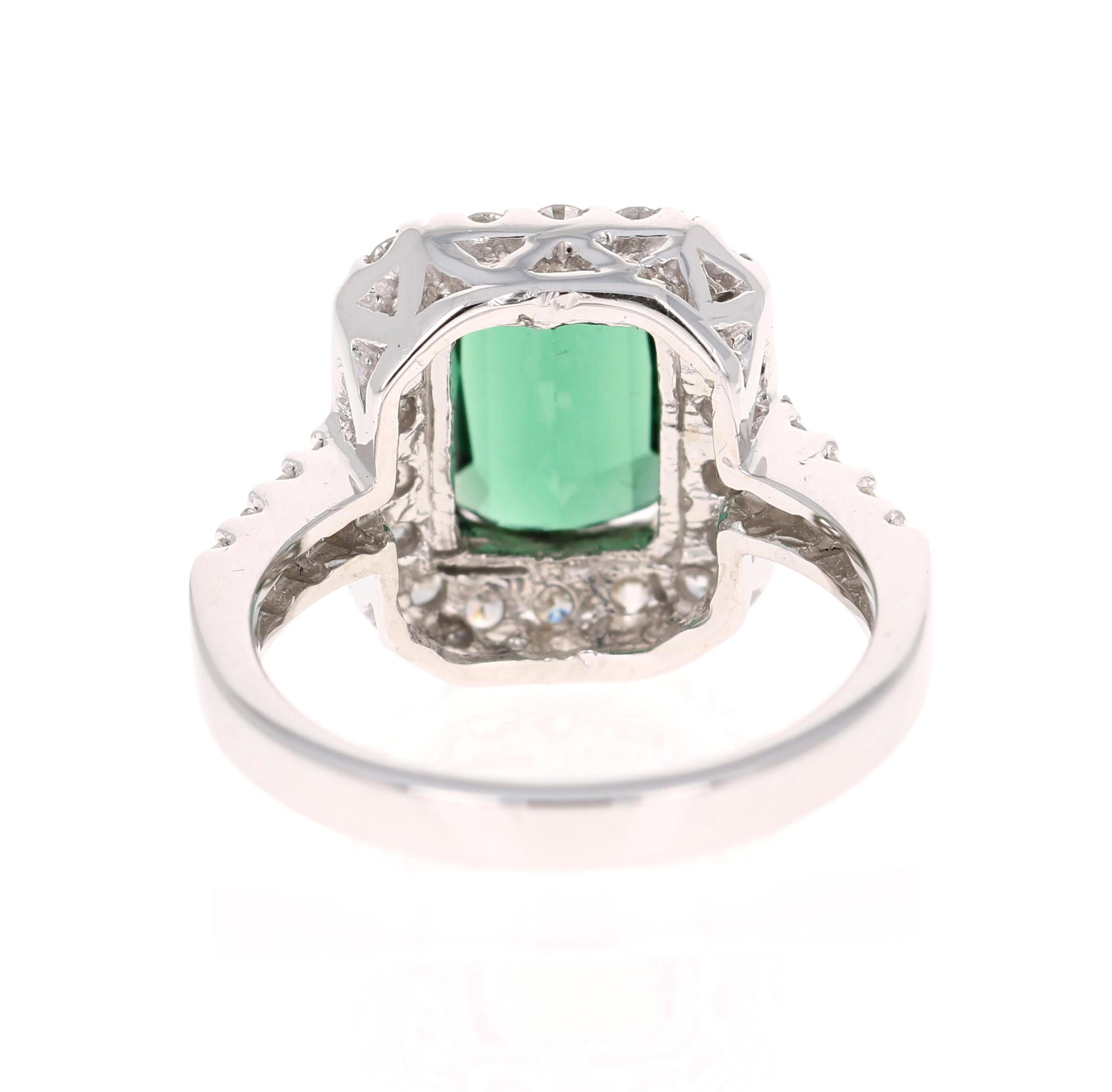 Emerald Cut 3.34 Carat Green Tourmaline Diamond White Gold Engagement Ring For Sale