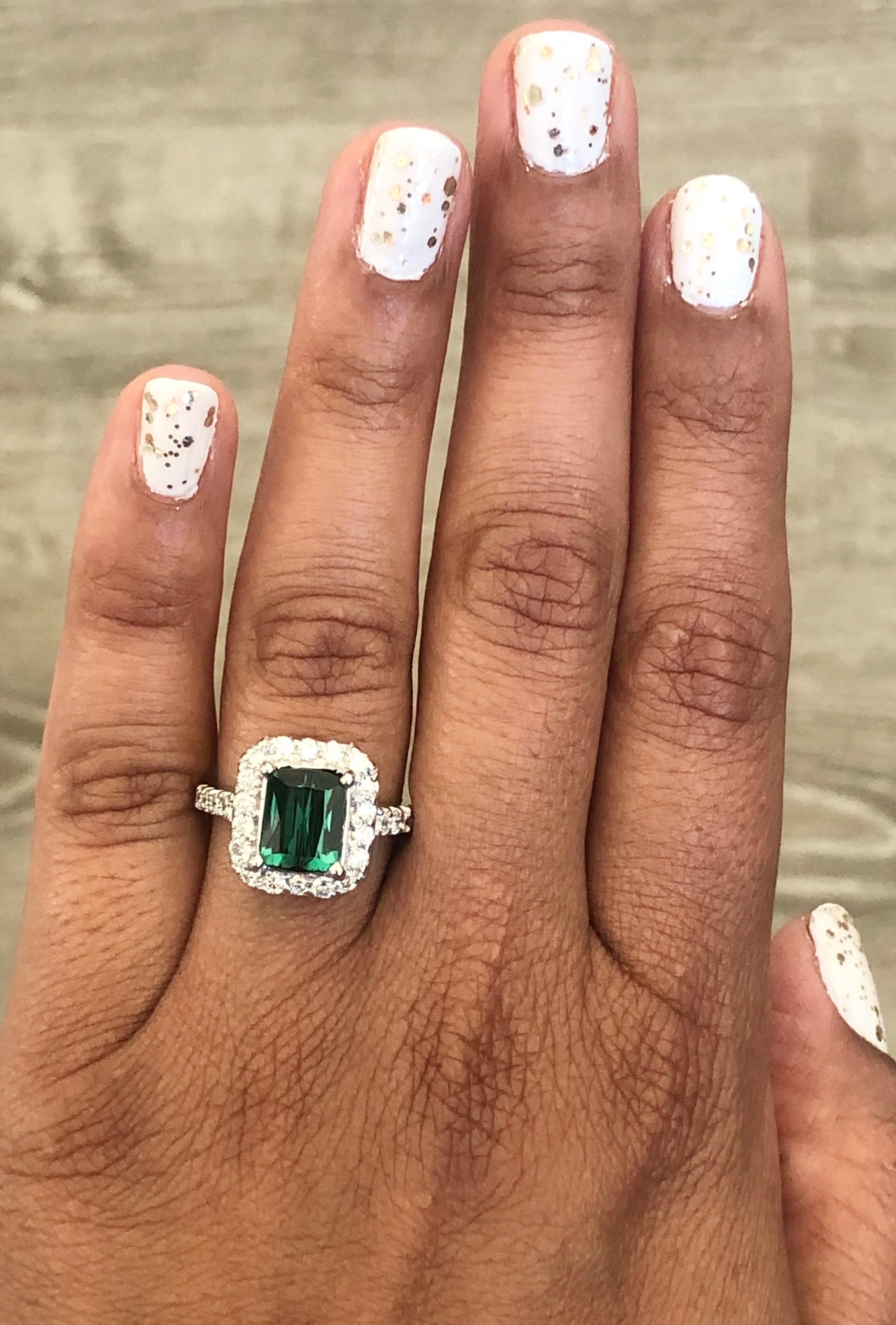 3.34 Carat Green Tourmaline Diamond White Gold Engagement Ring In New Condition For Sale In Los Angeles, CA