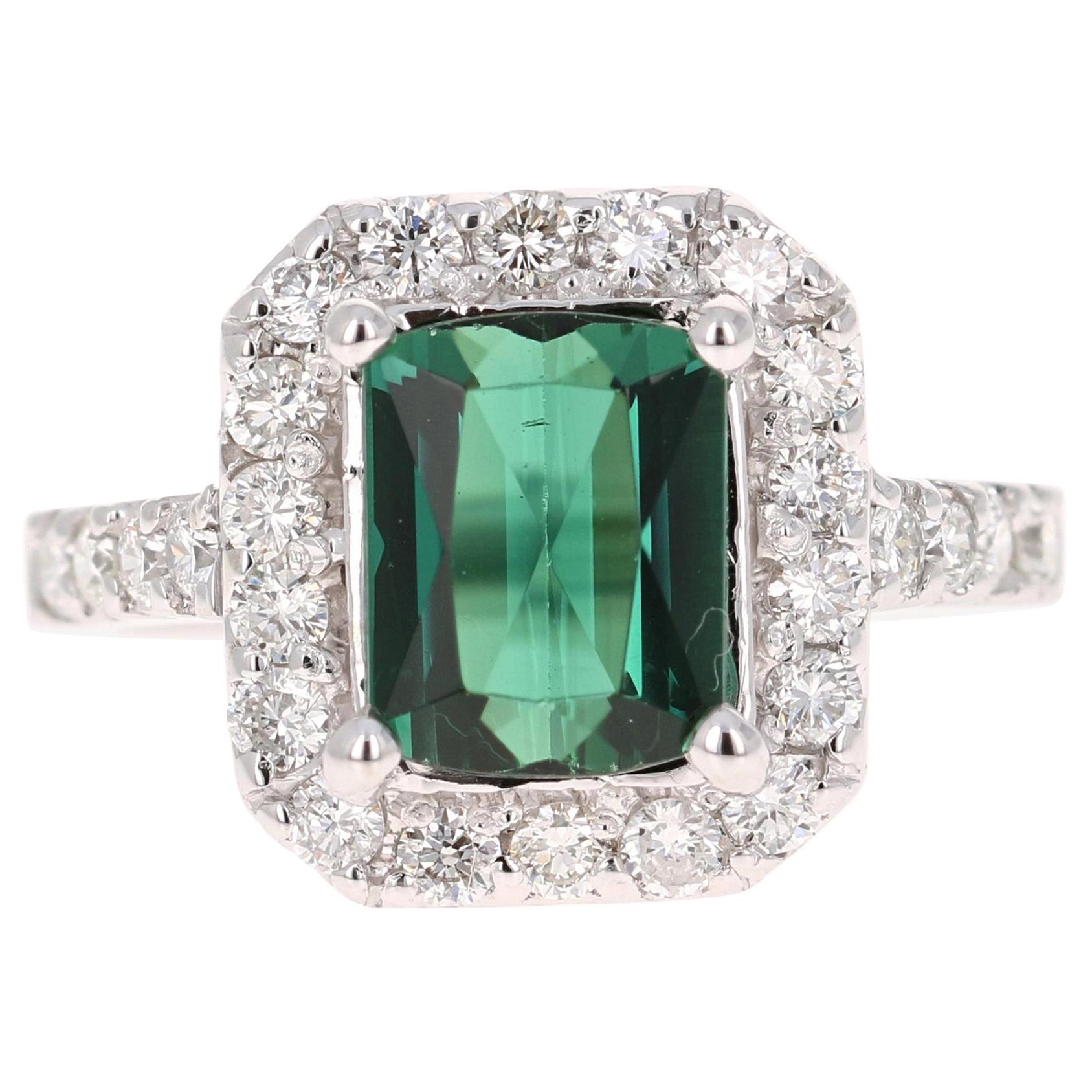 3.34 Carat Green Tourmaline Diamond White Gold Engagement Ring For Sale
