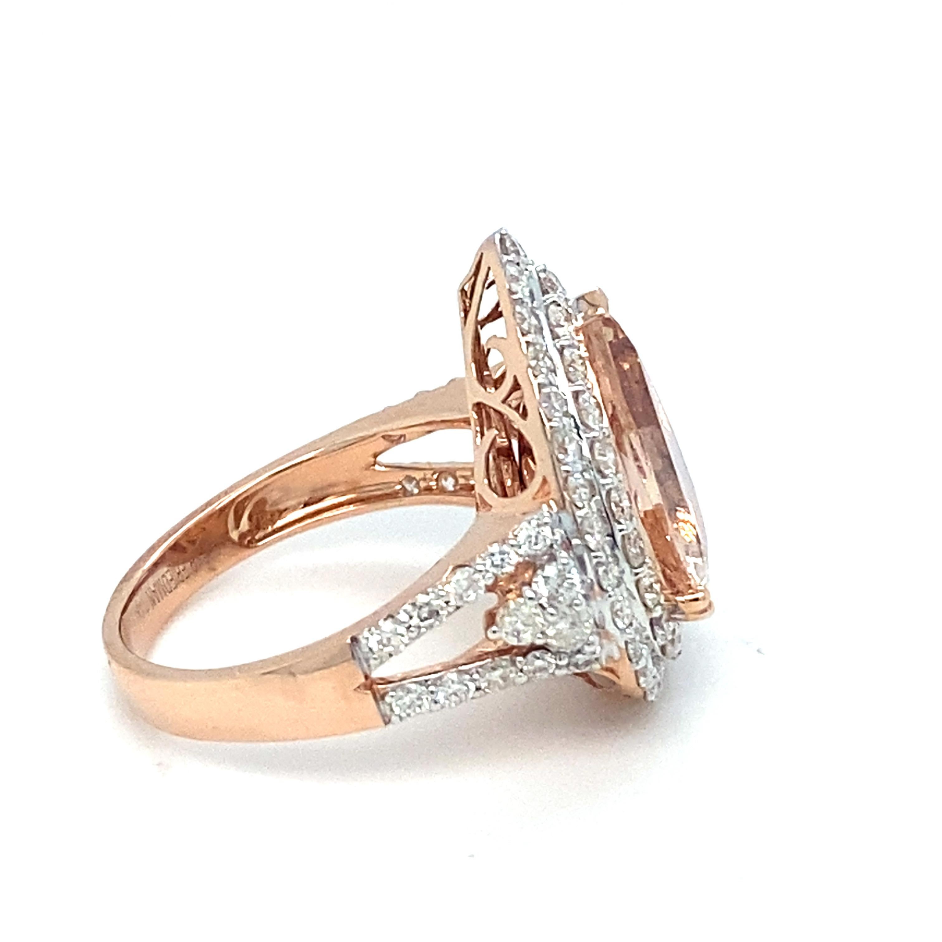 3.34 Carat Morganite Diamond Rose Gold Cocktail Ring For Sale 1