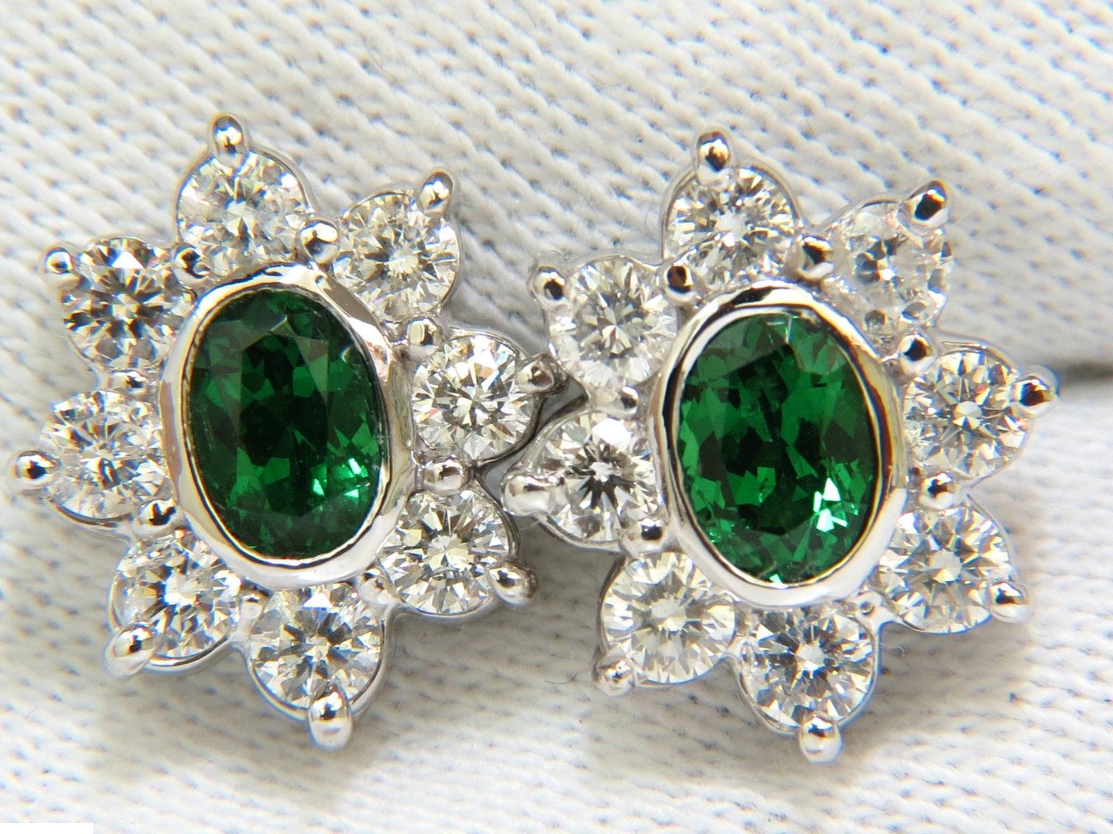 Oval Cut 3.34 Carat Natural Gem Green Tsavorite Diamond Cluster Halo Earrings 14 Karat