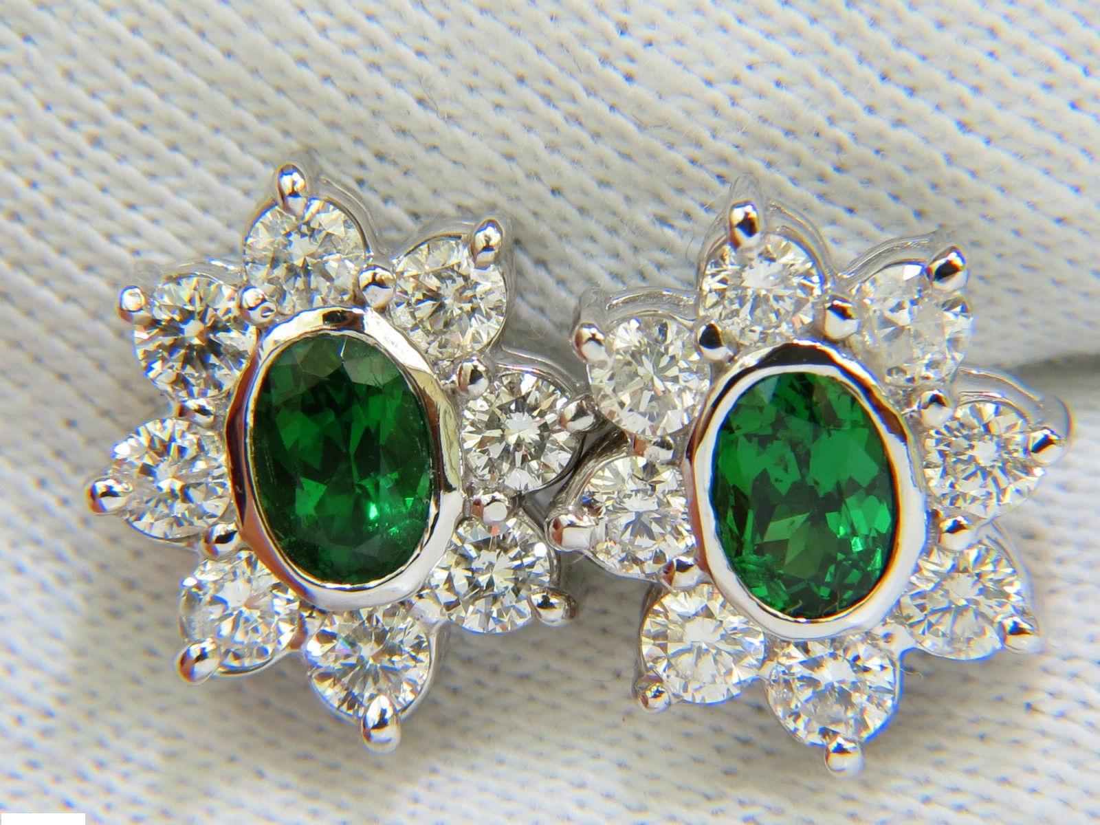 Women's or Men's 3.34 Carat Natural Gem Green Tsavorite Diamond Cluster Halo Earrings 14 Karat