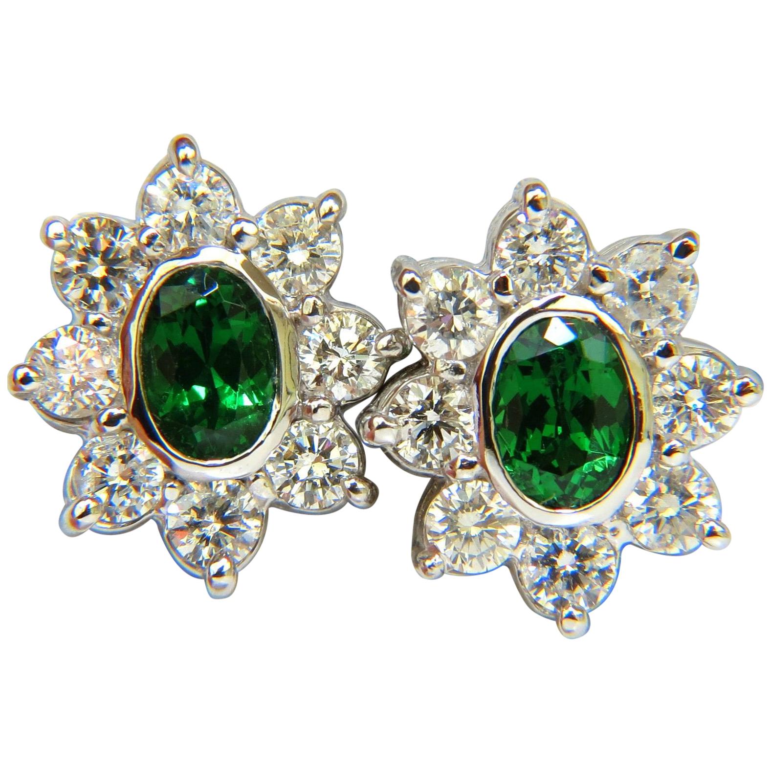 3.34 Carat Natural Gem Green Tsavorite Diamond Cluster Halo Earrings 14 Karat