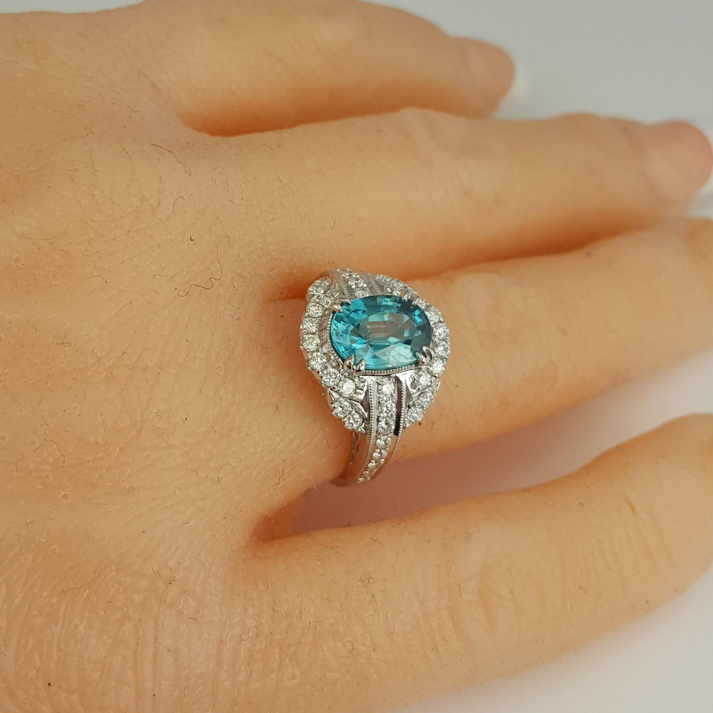 DiamondTown 3.34 Carat Oval Cut Blue Zircon and Diamond Halo Ring 1