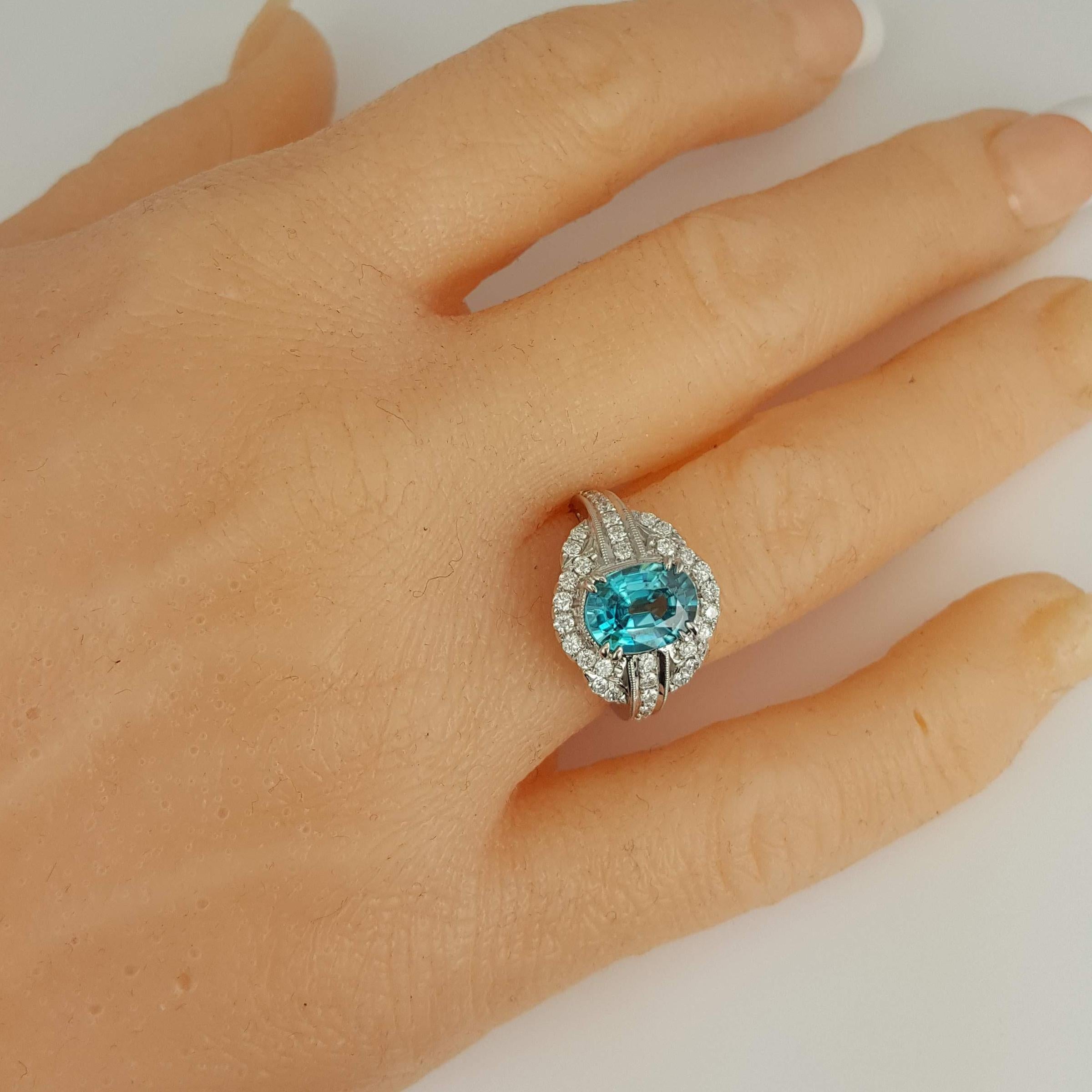 DiamondTown 3.34 Carat Oval Cut Blue Zircon and Diamond Halo Ring 2