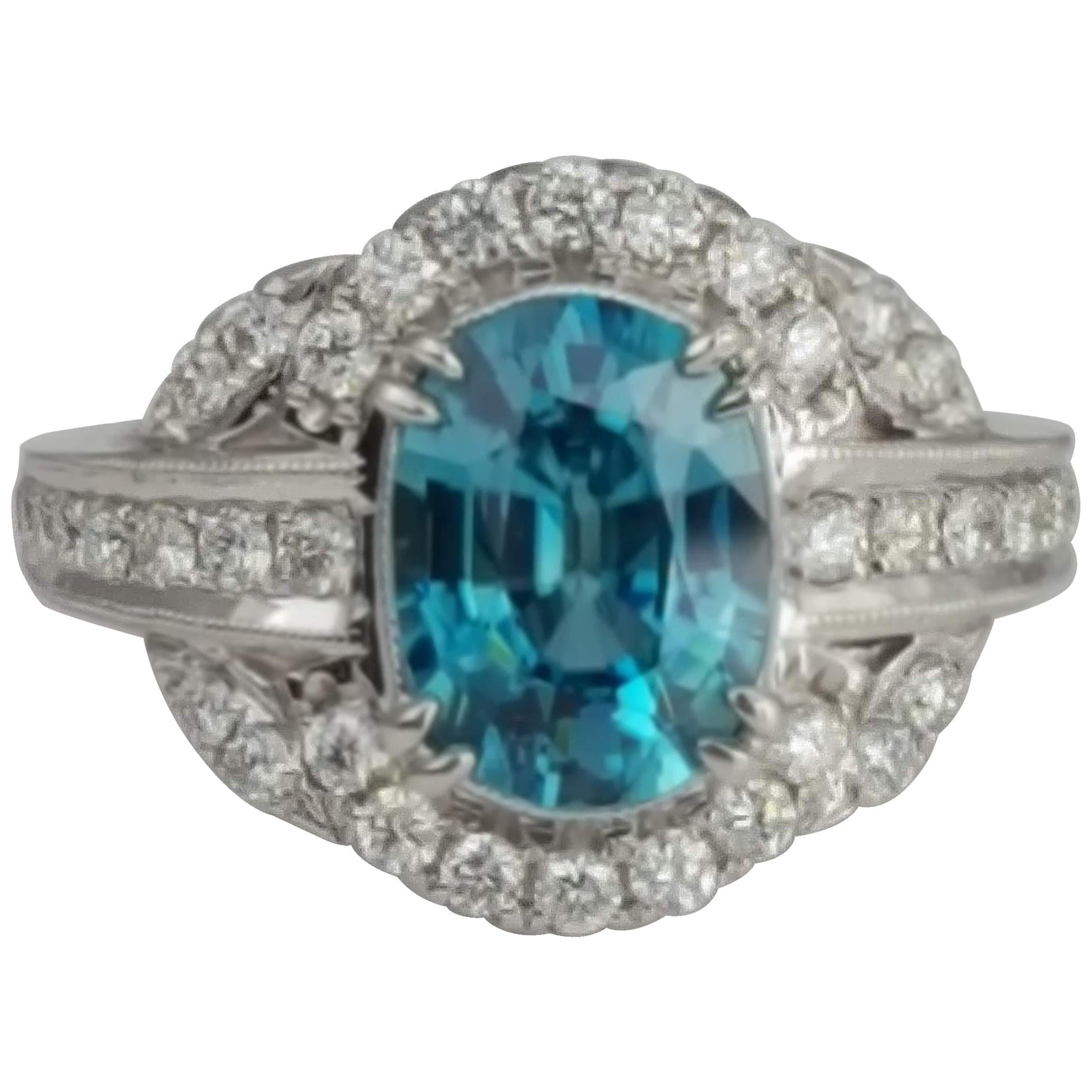 Contemporary DiamondTown 3.34 Carat Oval Cut Blue Zircon and Diamond Halo Ring