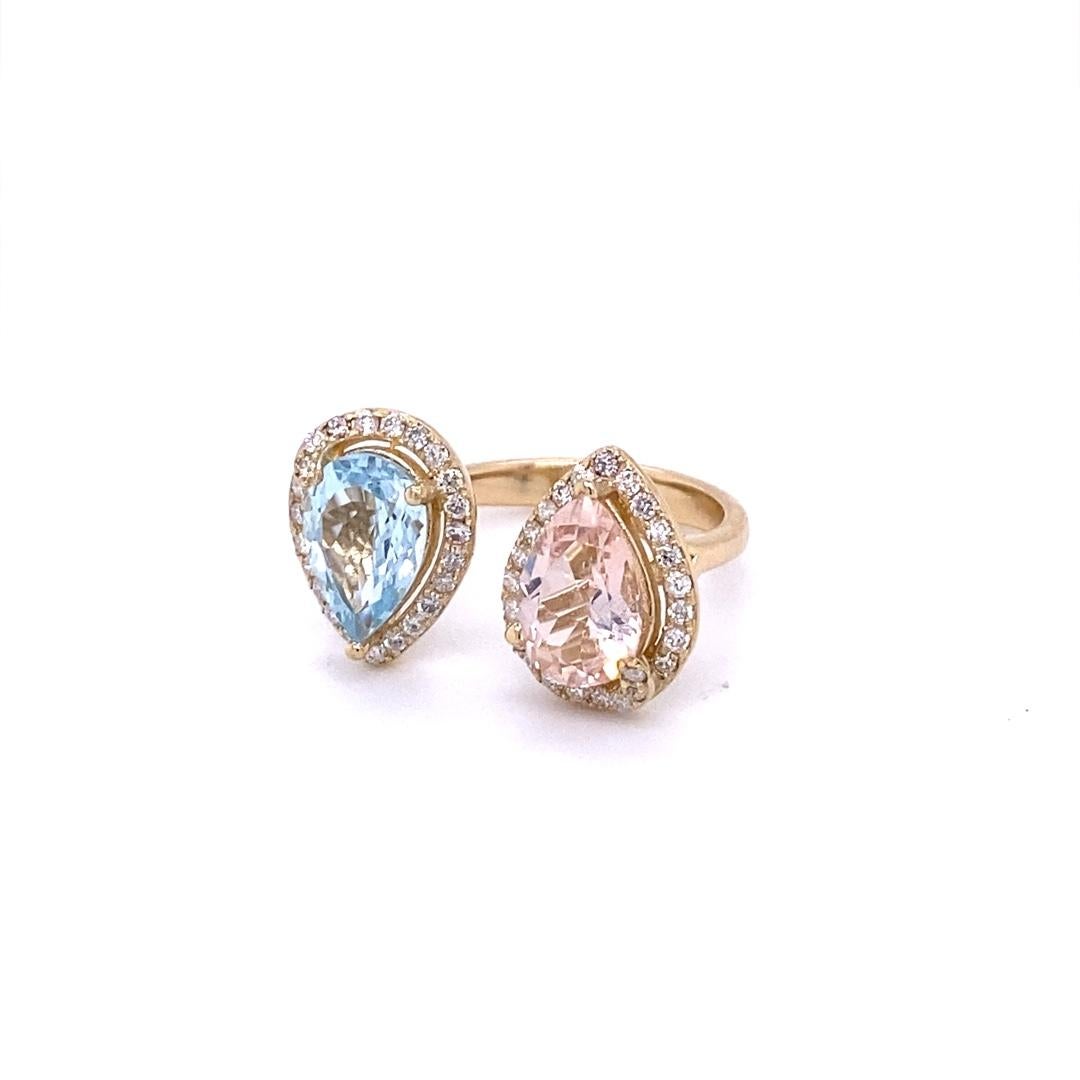 Modern 3.34 Carat Pink Morganite Aquamarine Diamond Yellow Gold Cocktail Ring For Sale