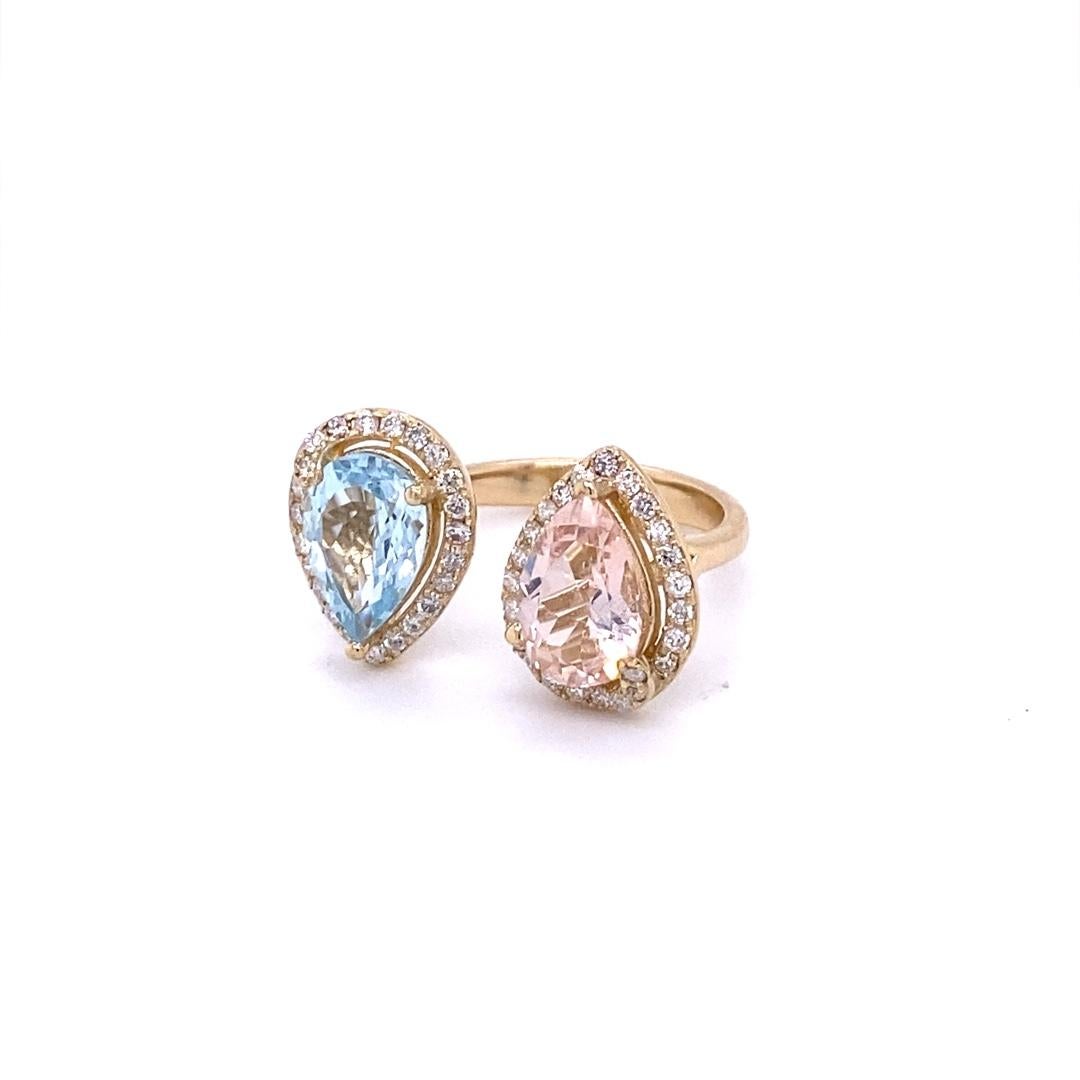 Contemporary 3.34 Carat Pink Morganite Aquamarine Diamond Yellow Gold Cocktail Ring For Sale
