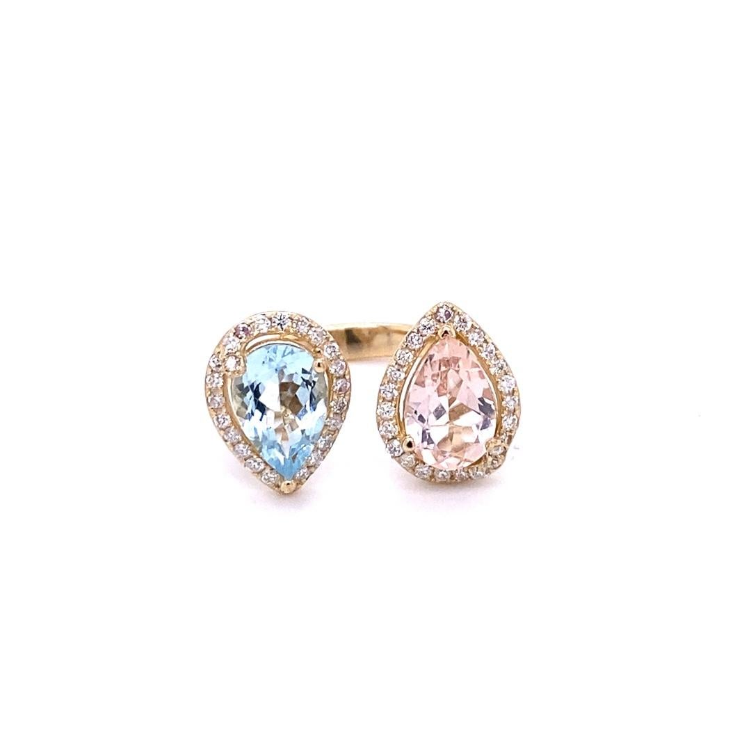 Pear Cut 3.34 Carat Pink Morganite Aquamarine Diamond Yellow Gold Cocktail Ring For Sale