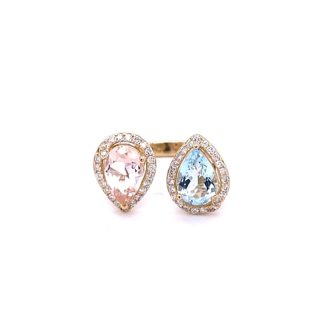 3.34 Carat Pink Morganite Aquamarine Diamond Yellow Gold Cocktail Ring In New Condition For Sale In Los Angeles, CA