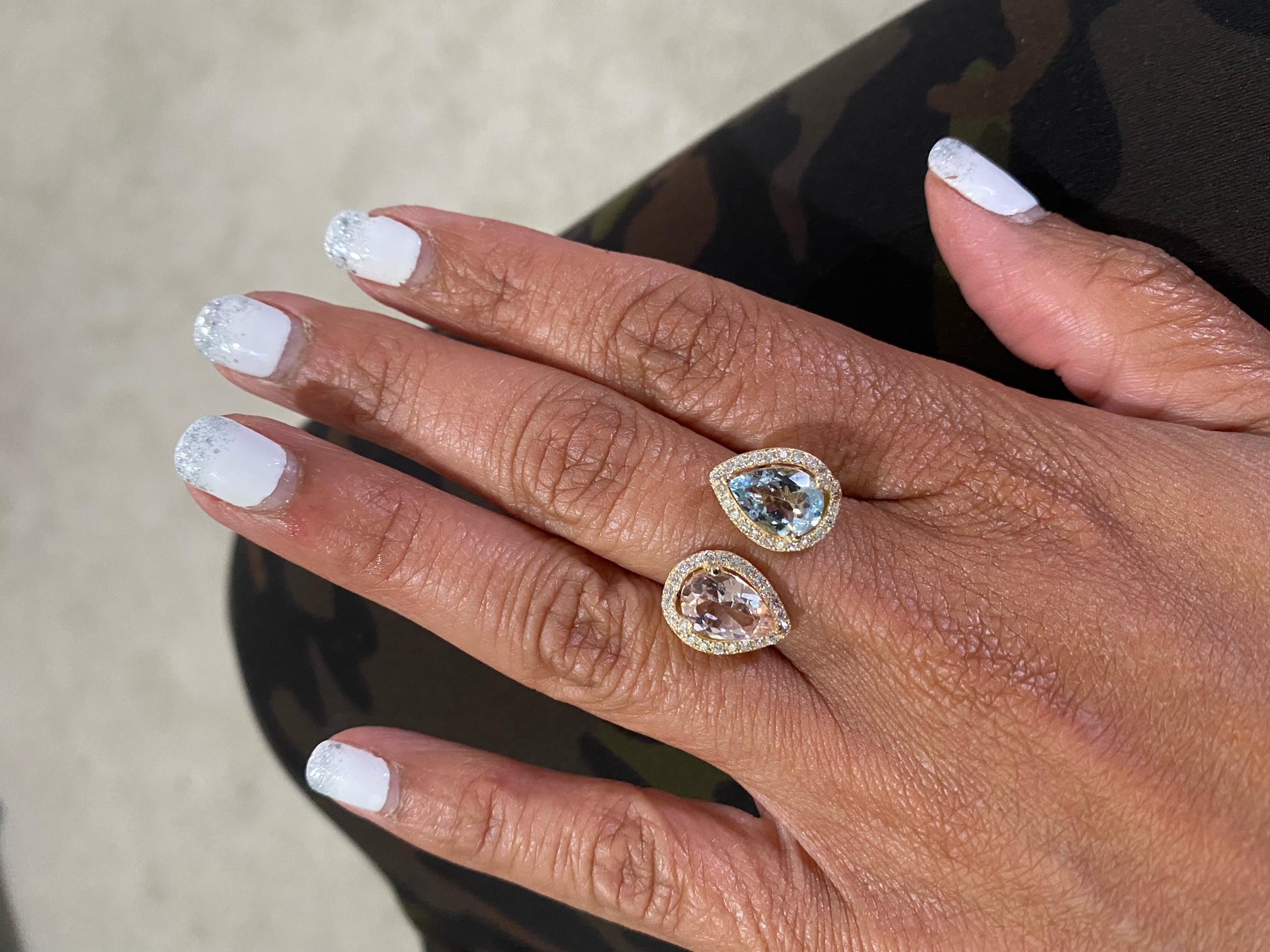 Women's 3.34 Carat Pink Morganite Aquamarine Diamond Yellow Gold Cocktail Ring For Sale