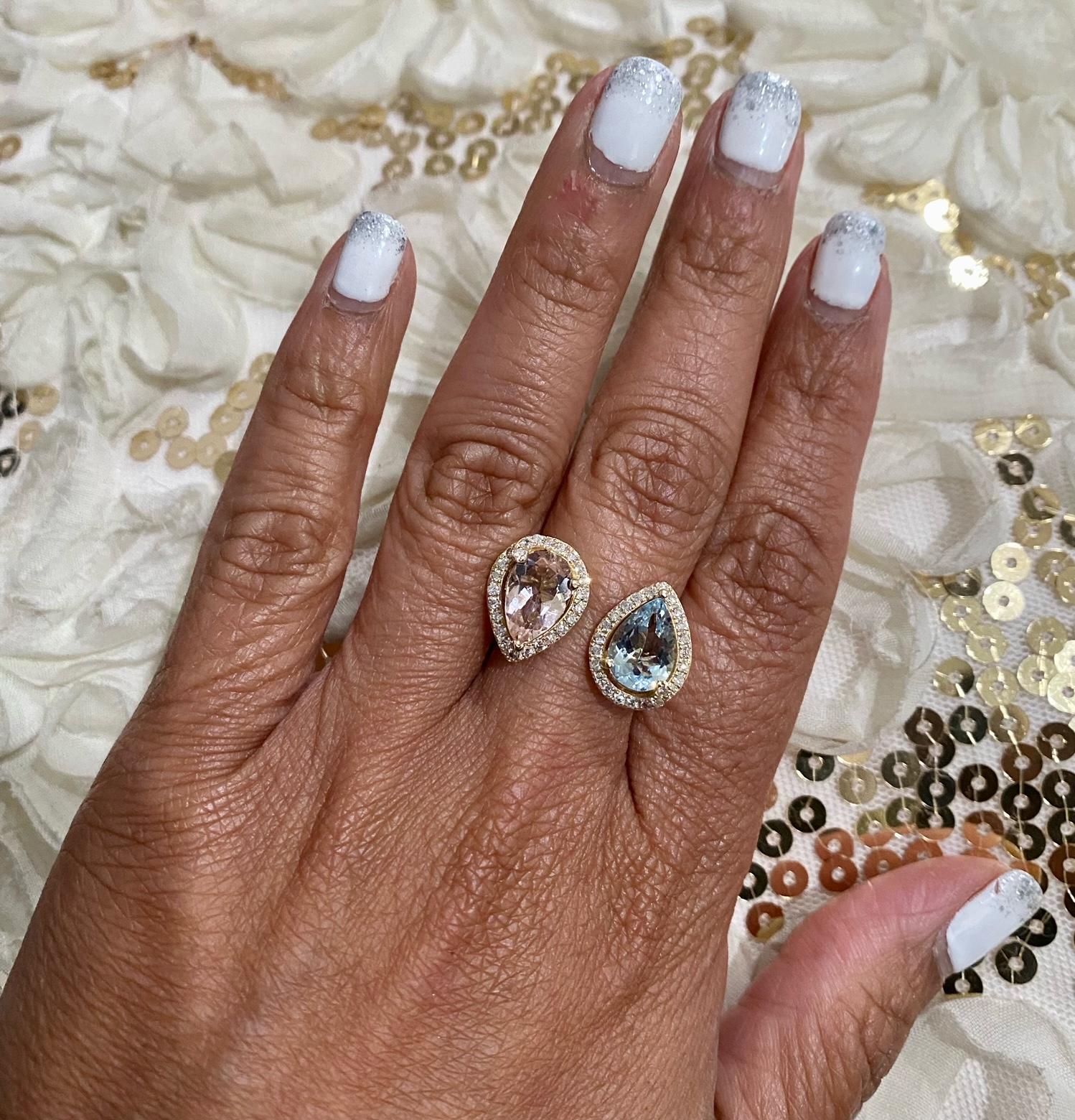 3.34 Carat Pink Morganite Aquamarine Diamond Yellow Gold Cocktail Ring For Sale 1