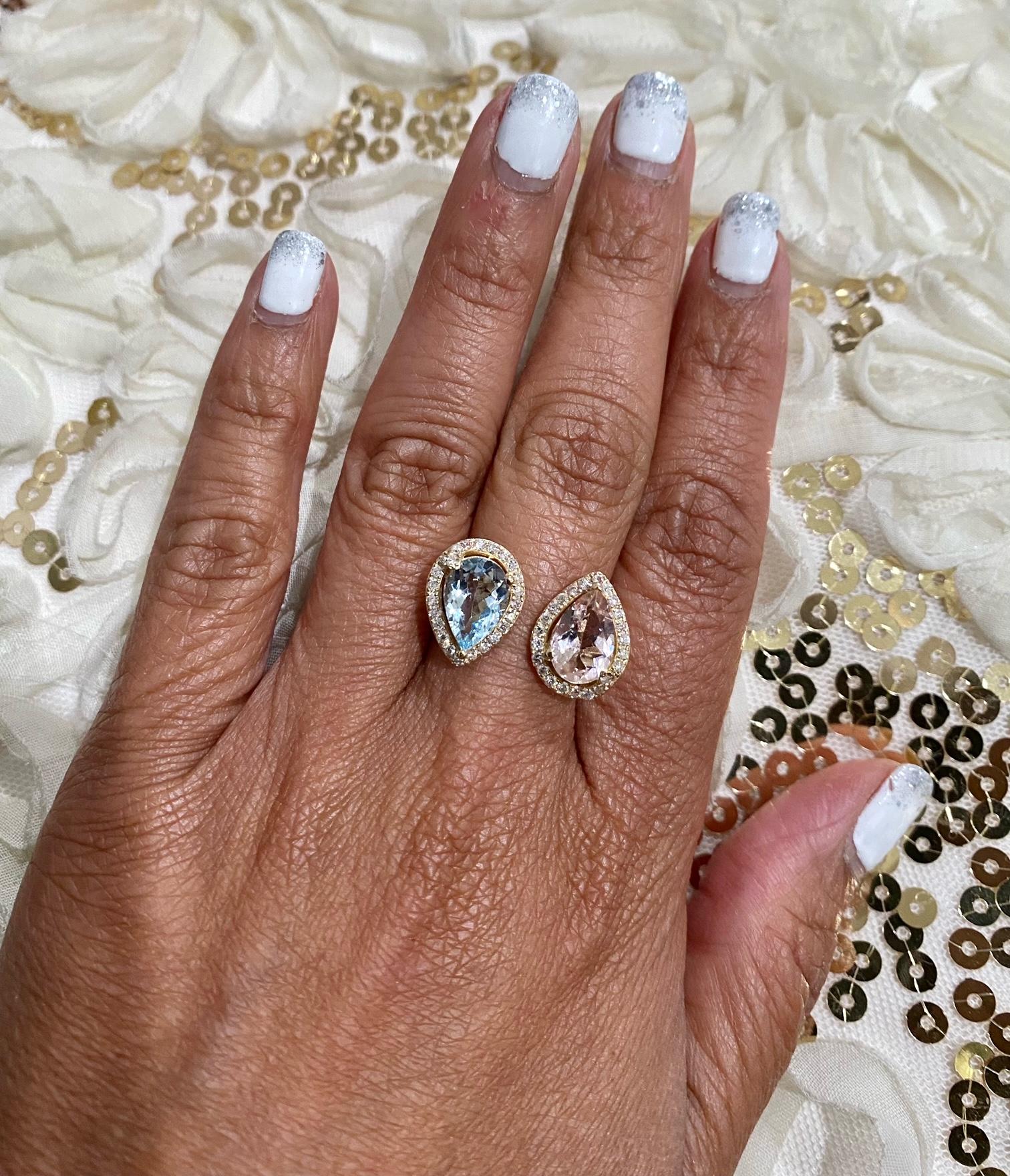 3.34 Carat Pink Morganite Aquamarine Diamond Yellow Gold Cocktail Ring For Sale 2