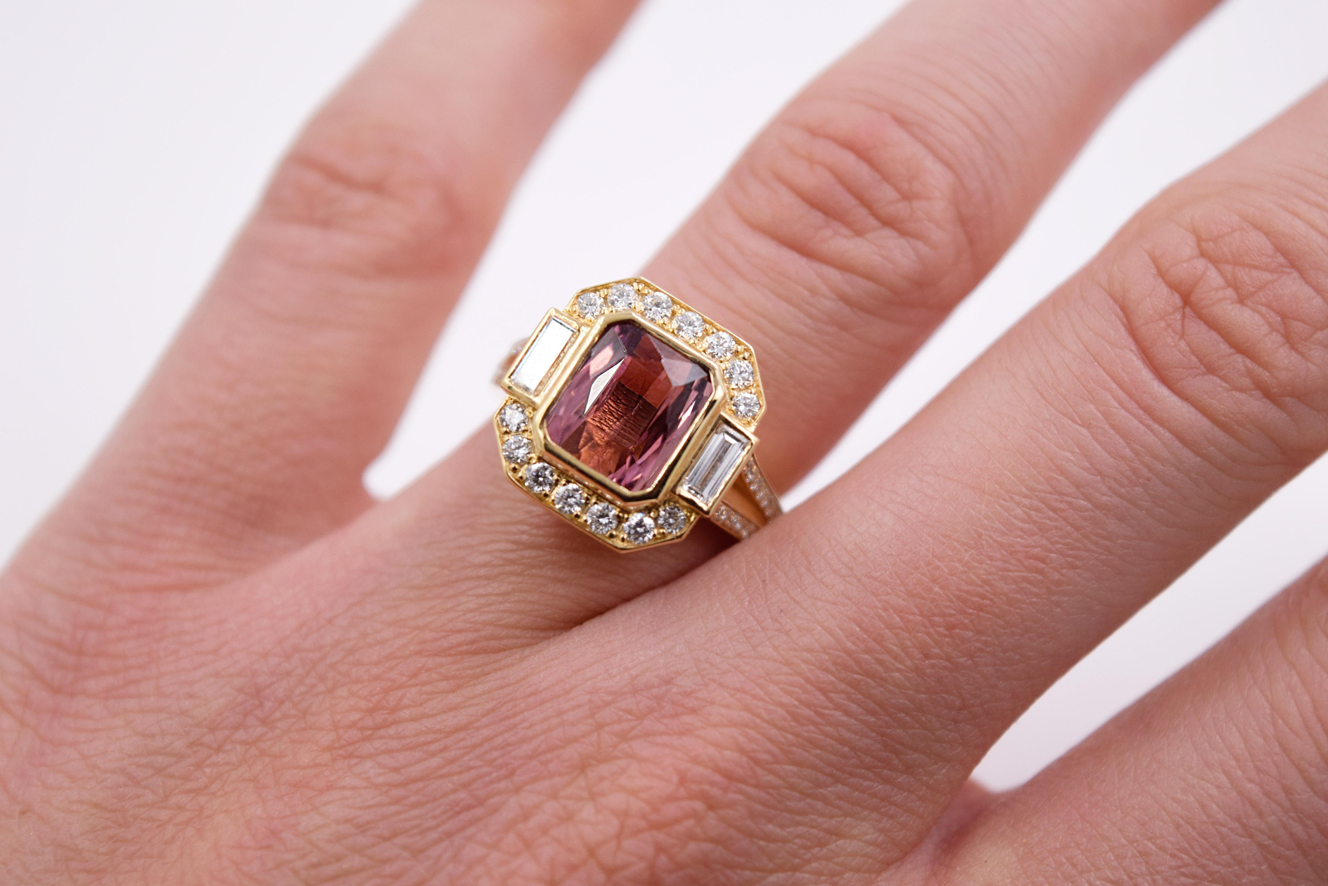 3.34 Carat Pink Tourmaline and White Diamond Statement Ring in 18 Karat Gold 3