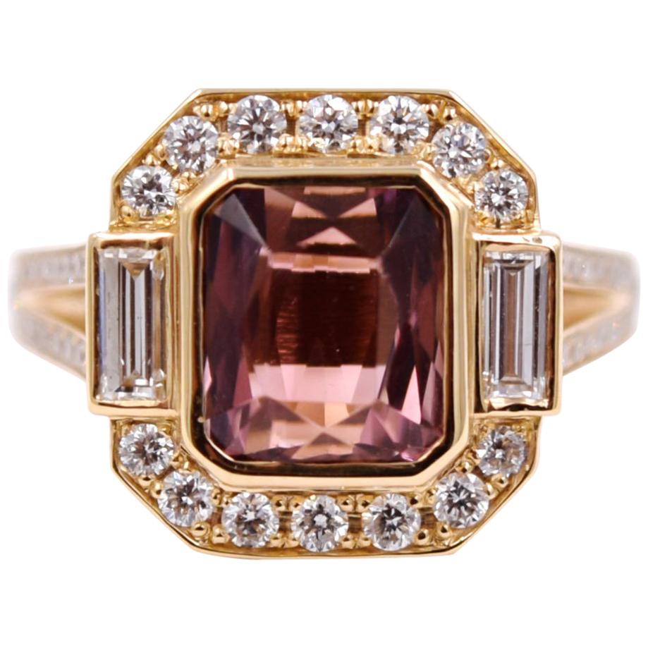 3.34 Carat Pink Tourmaline and White Diamond Statement Ring in 18 Karat Gold