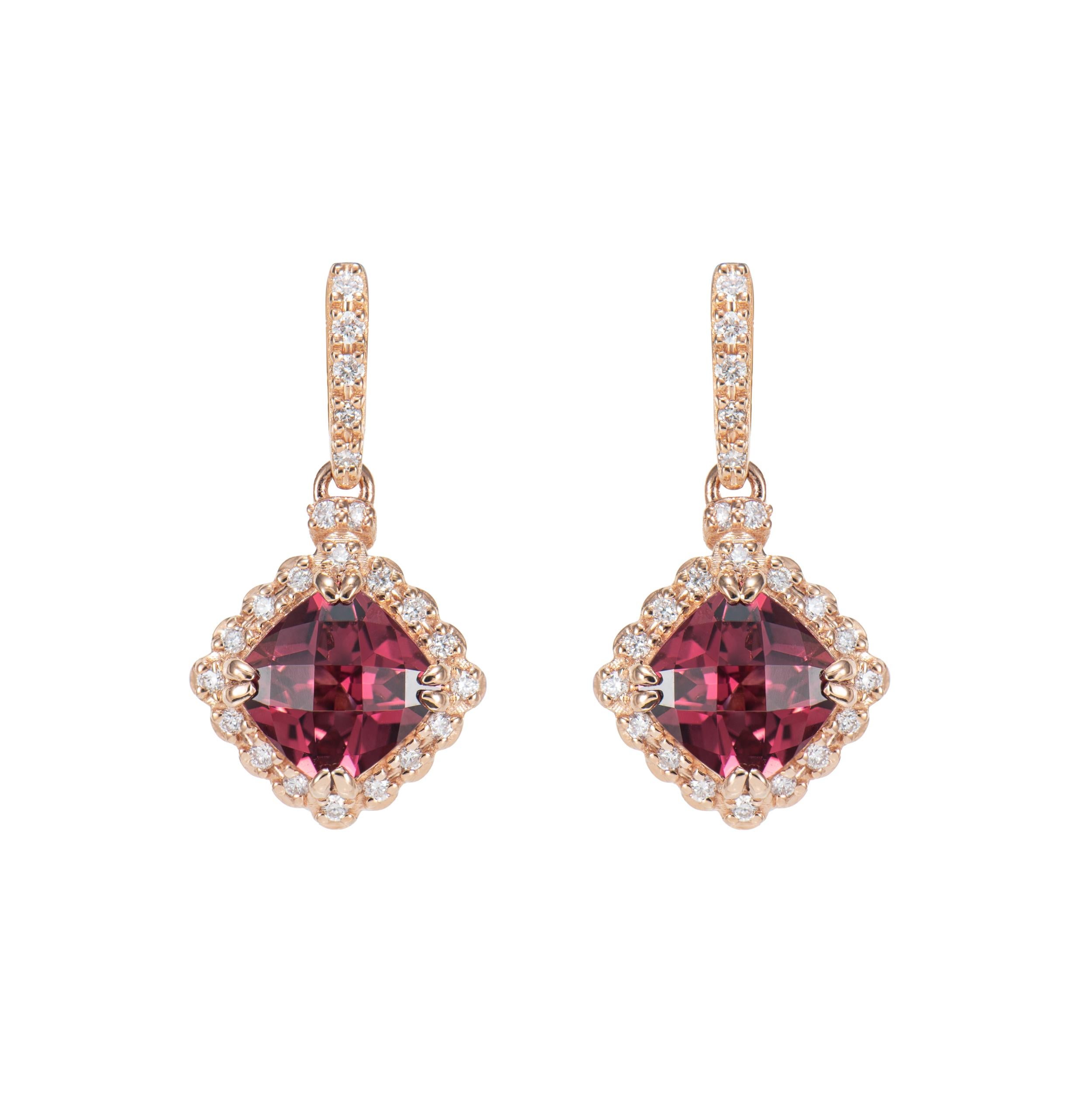 Contemporary 3.34 Carat Rhodolite Drop Earring in 18 Karat Rose Gold with Diamond For Sale