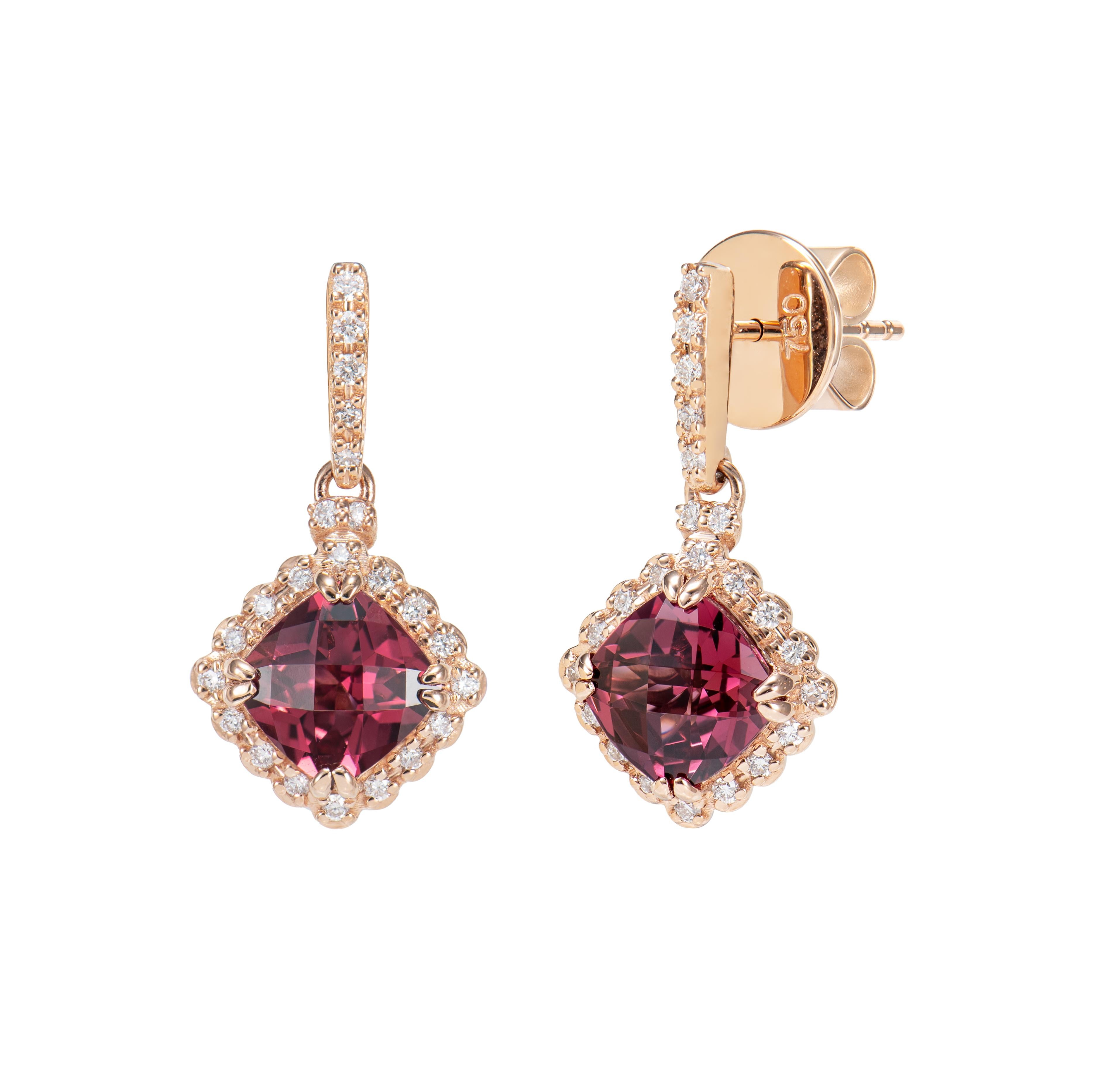 Cushion Cut 3.34 Carat Rhodolite Drop Earring in 18 Karat Rose Gold with Diamond For Sale