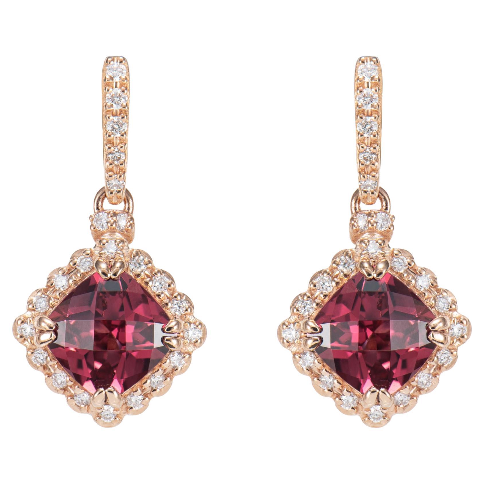 3.34 Carat Rhodolite Drop Earring in 18 Karat Rose Gold with Diamond For Sale