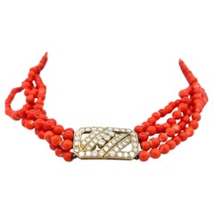 3.34 Carat Round Diamond 4-4.50 MM Coral 14 Karat Yellow Gold Choker Necklace