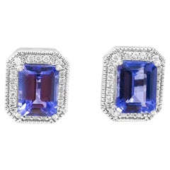 3.34 Carat Tanzanite 925 Sterling Silver Stud Earrings With Cubic Zirconia Studs