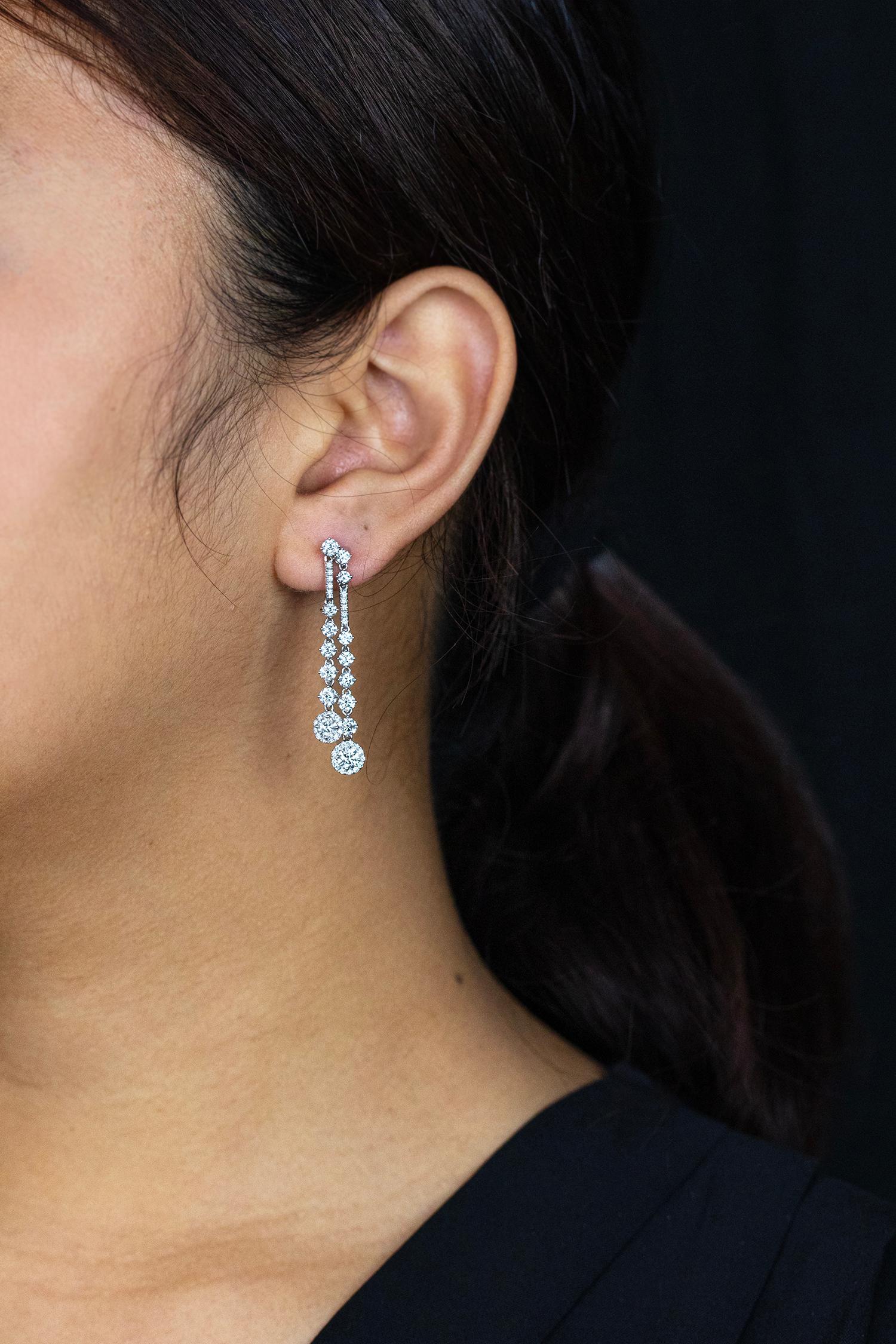 Contemporary Roman Malakov 3.34 Carats Total Round Brilliant Cut Diamond Drop Earrings For Sale