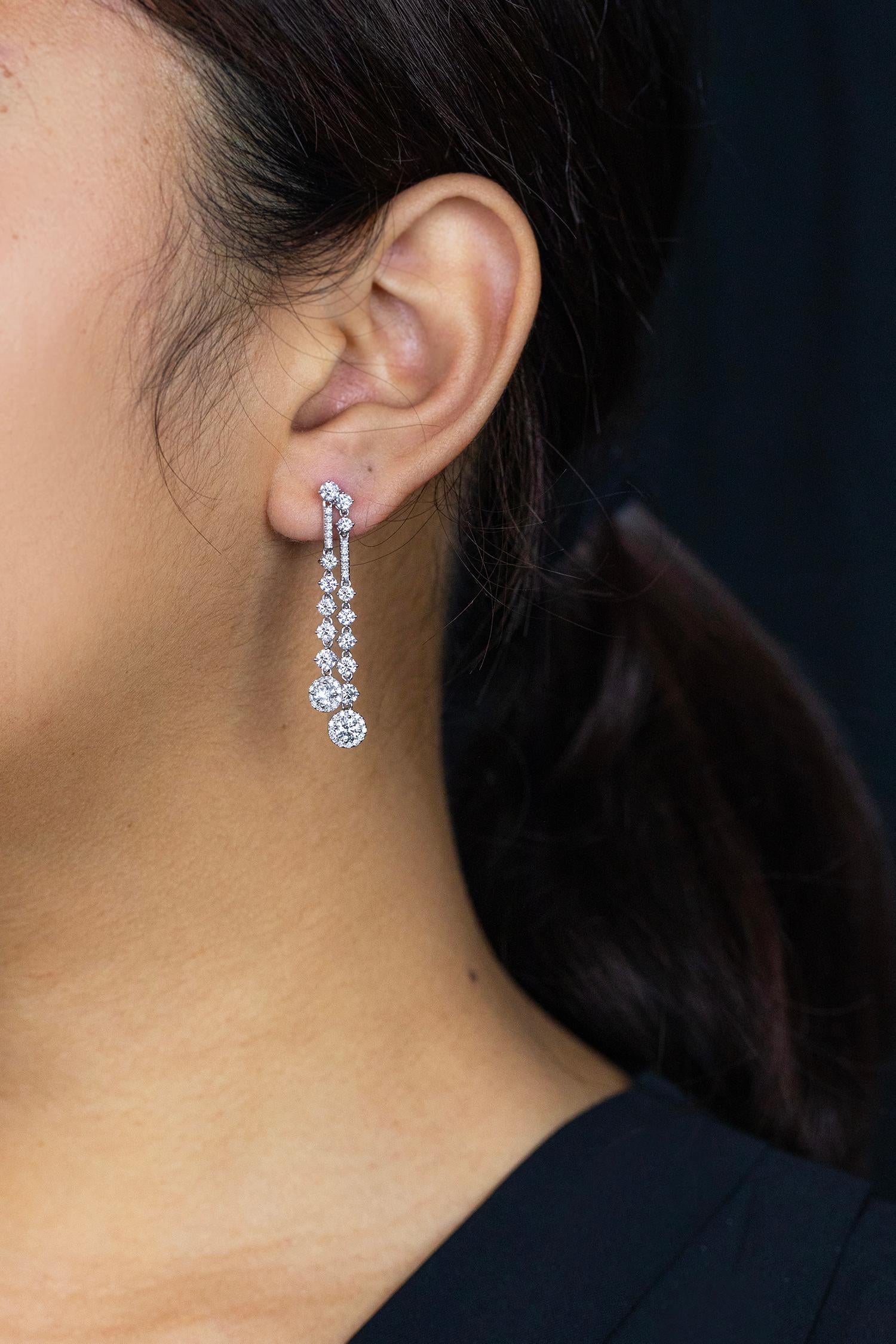 Round Cut Roman Malakov 3.34 Carats Total Round Brilliant Cut Diamond Drop Earrings For Sale