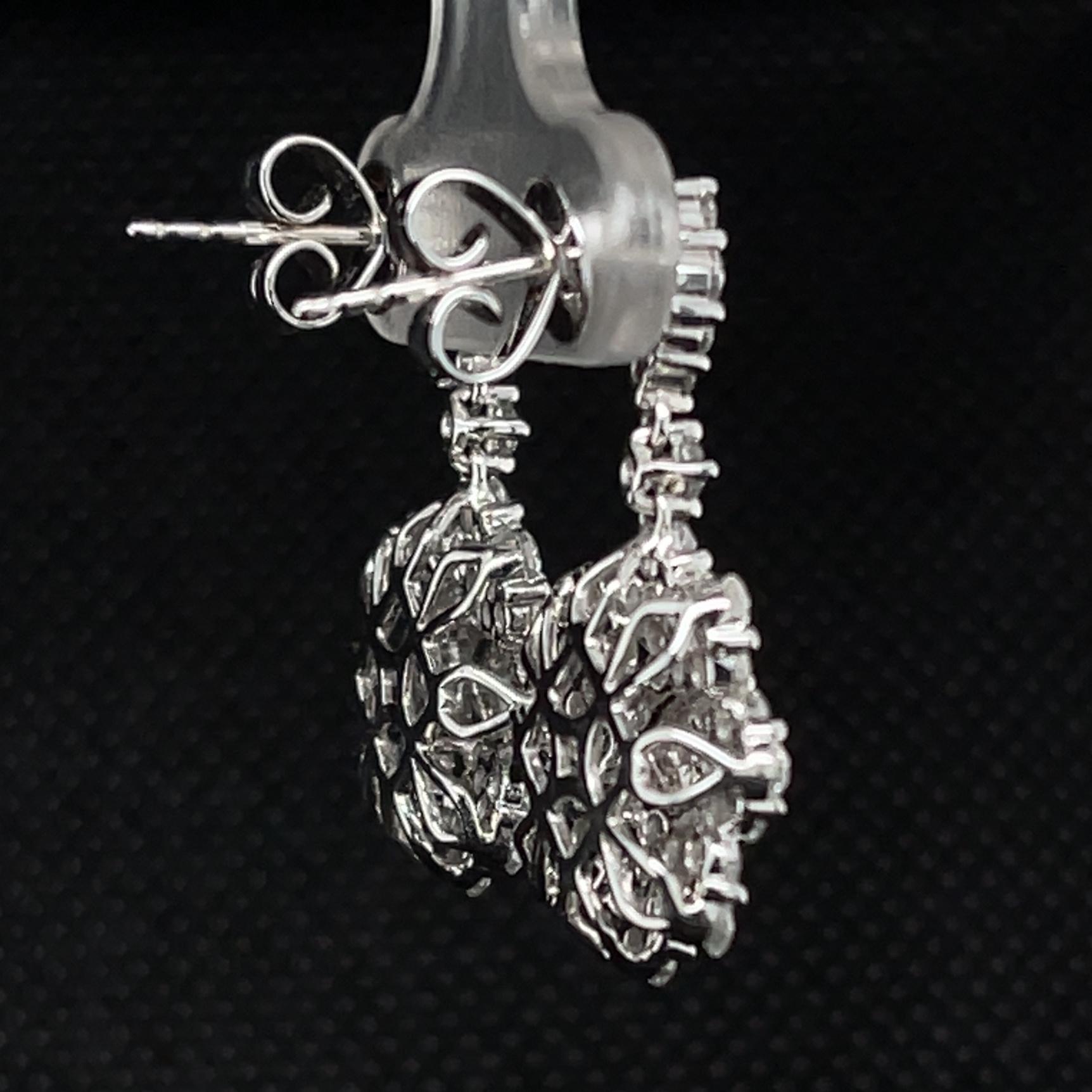 Artisan Diamond Snowflake Drop Earrings in White Gold, 3.34 Carats Total For Sale