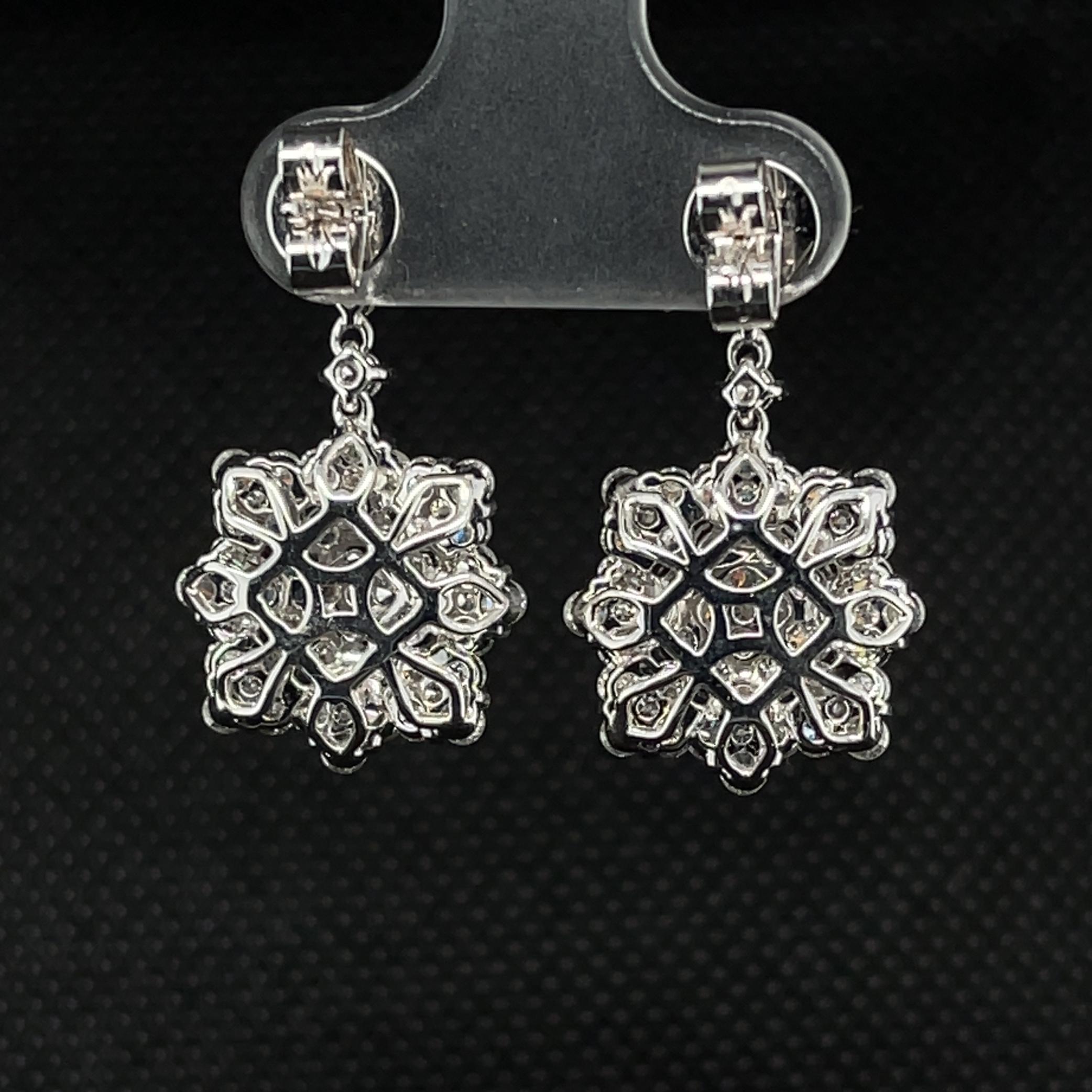Round Cut Diamond Snowflake Drop Earrings in White Gold, 3.34 Carats Total For Sale