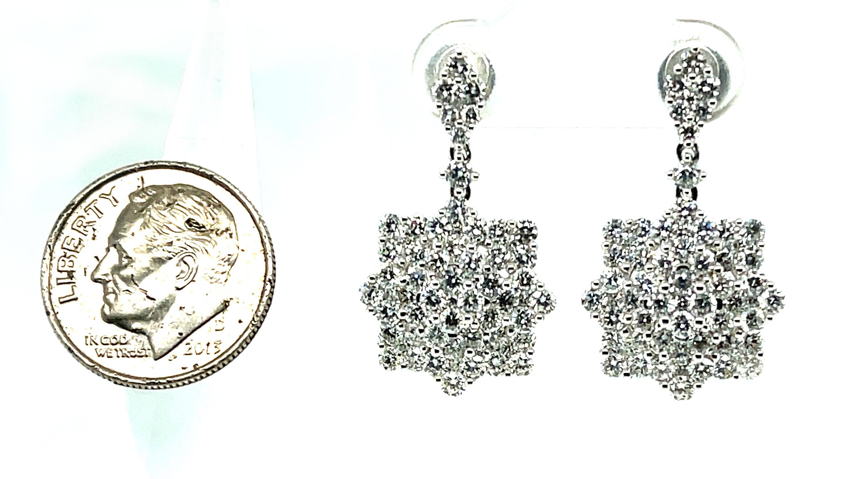 Women's Diamond Snowflake Drop Earrings in White Gold, 3.34 Carats Total For Sale